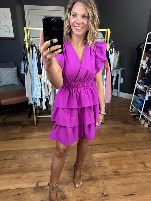 First Time Feeling Tiered Statement Sleeve Dress - Violet-Dresses-Entro-Anna Kaytes Boutique, Women's Fashion Boutique in Grinnell, Iowa