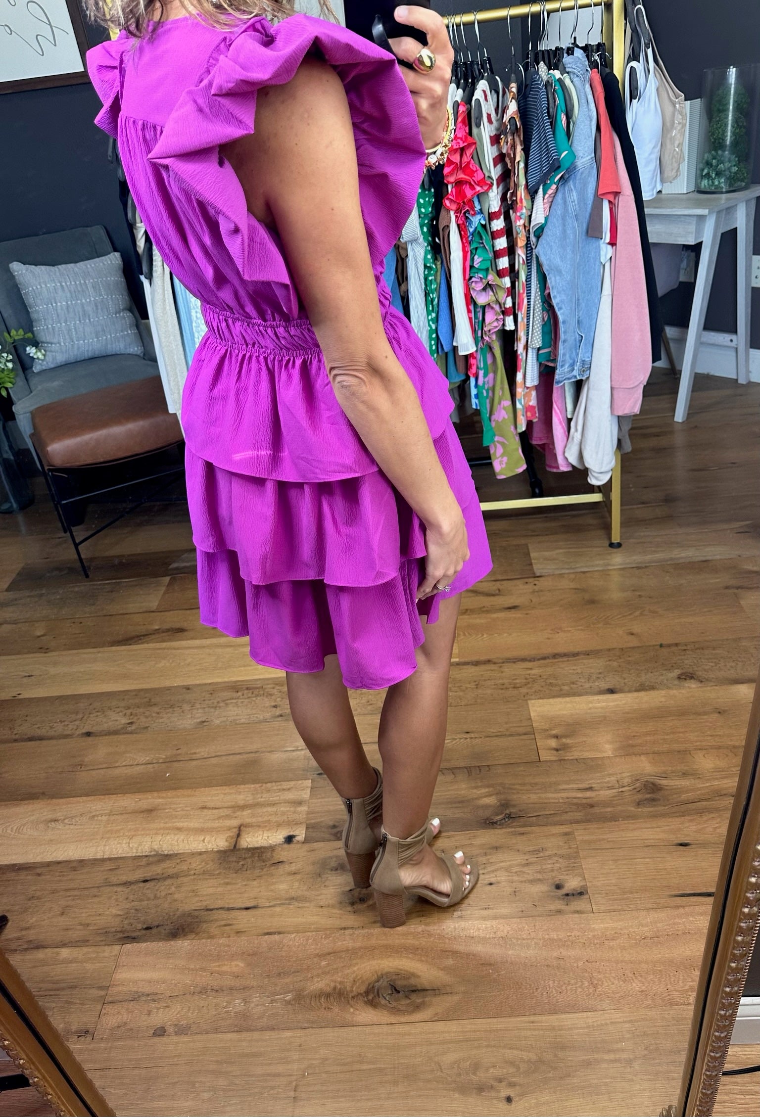 First Time Feeling Tiered Statement Sleeve Dress - Violet-Dresses-Entro-Anna Kaytes Boutique, Women's Fashion Boutique in Grinnell, Iowa