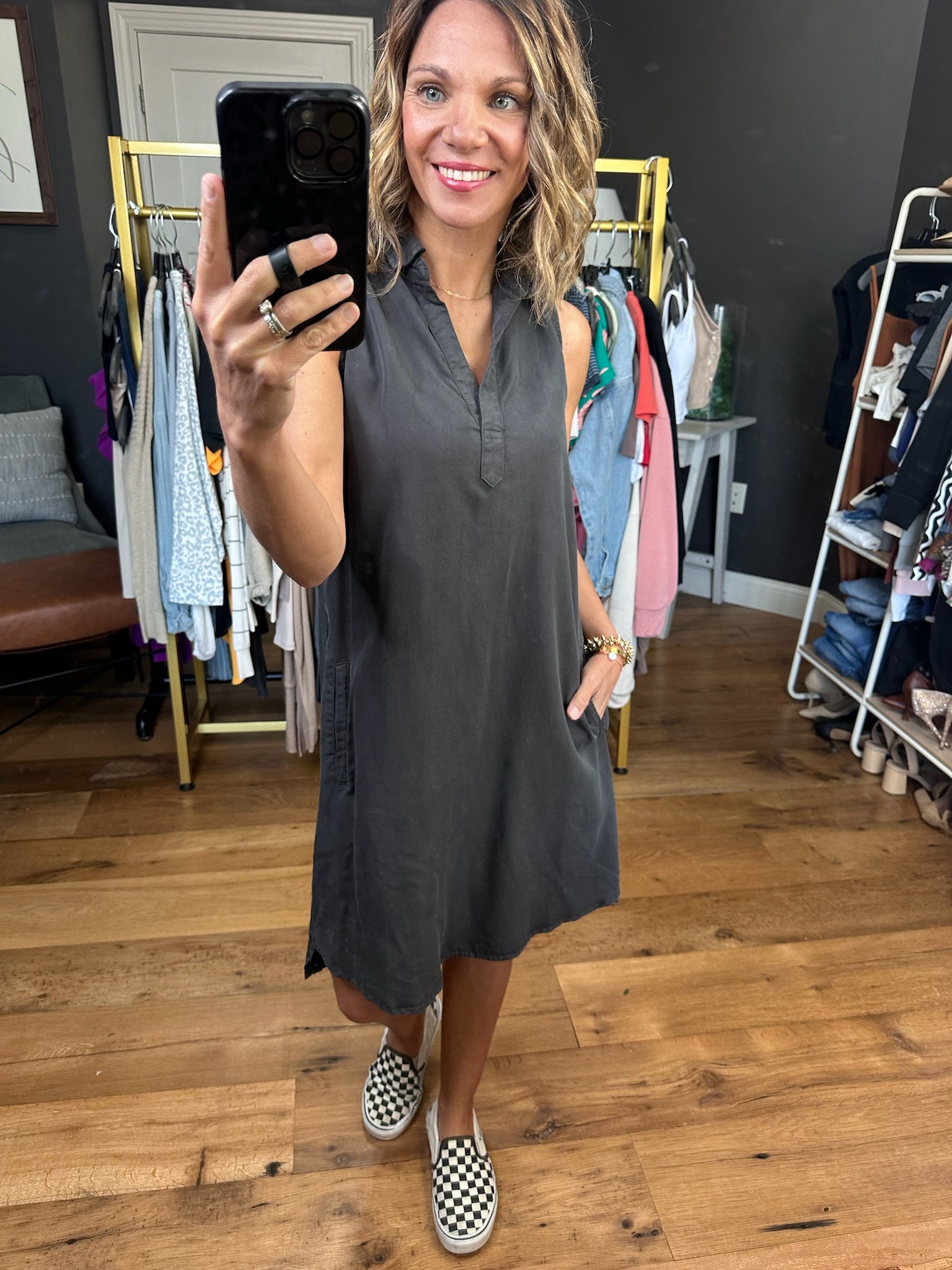 Keep Your Head Up Polo Pocket Dress - Charcoal-Dresses-Be Cool 82631-Anna Kaytes Boutique, Women's Fashion Boutique in Grinnell, Iowa