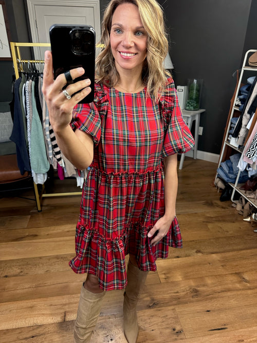Merry Days Plaid Tiered Dress - Red-Dresses-Entro D21319-Anna Kaytes Boutique, Women's Fashion Boutique in Grinnell, Iowa