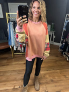 My Happy Place Plaid Patchwork Crewneck - Brick-Easel-Anna Kaytes Boutique, Women's Fashion Boutique in Grinnell, Iowa