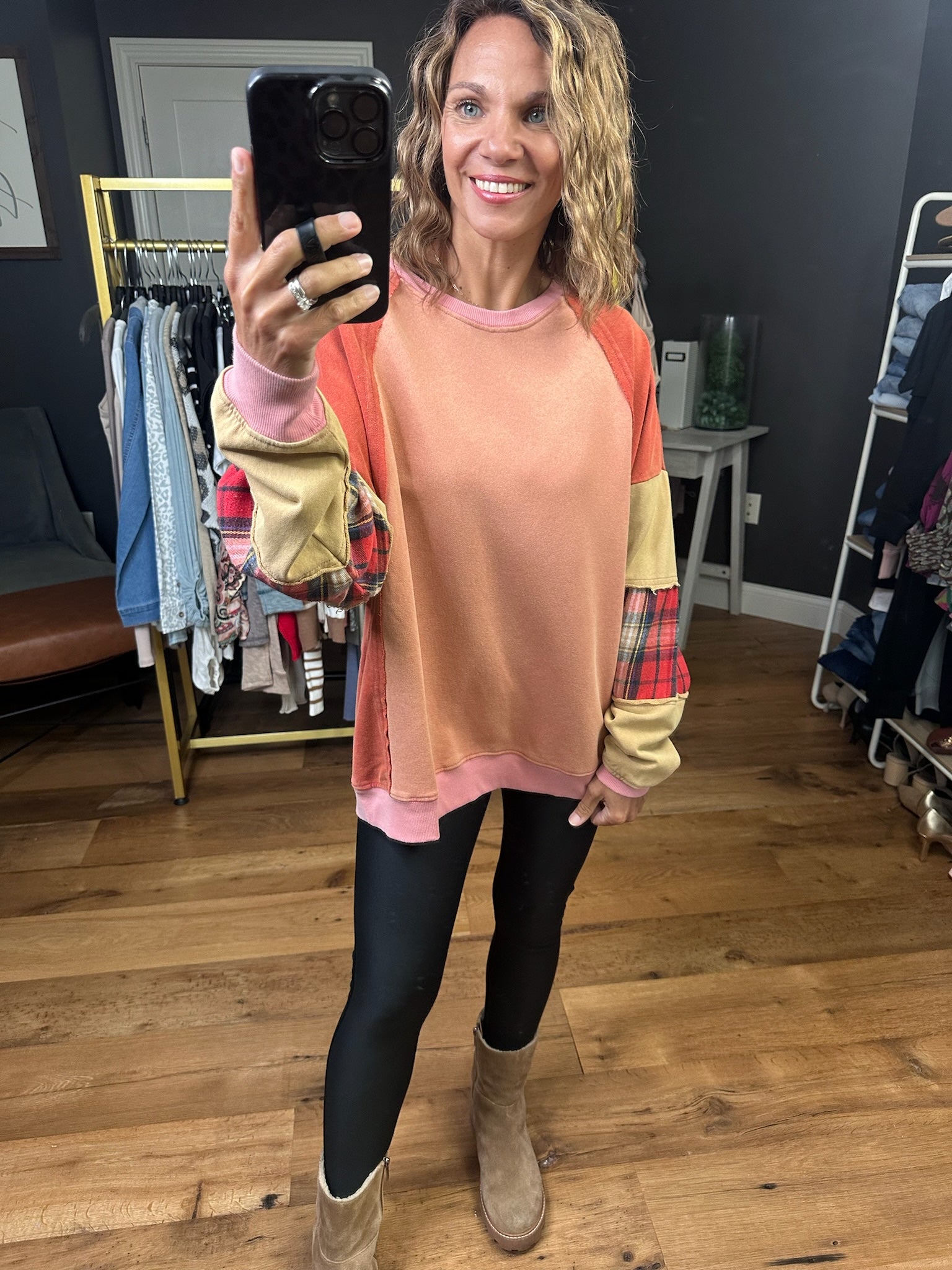 My Happy Place Plaid Patchwork Crewneck - Brick-Easel-Anna Kaytes Boutique, Women's Fashion Boutique in Grinnell, Iowa