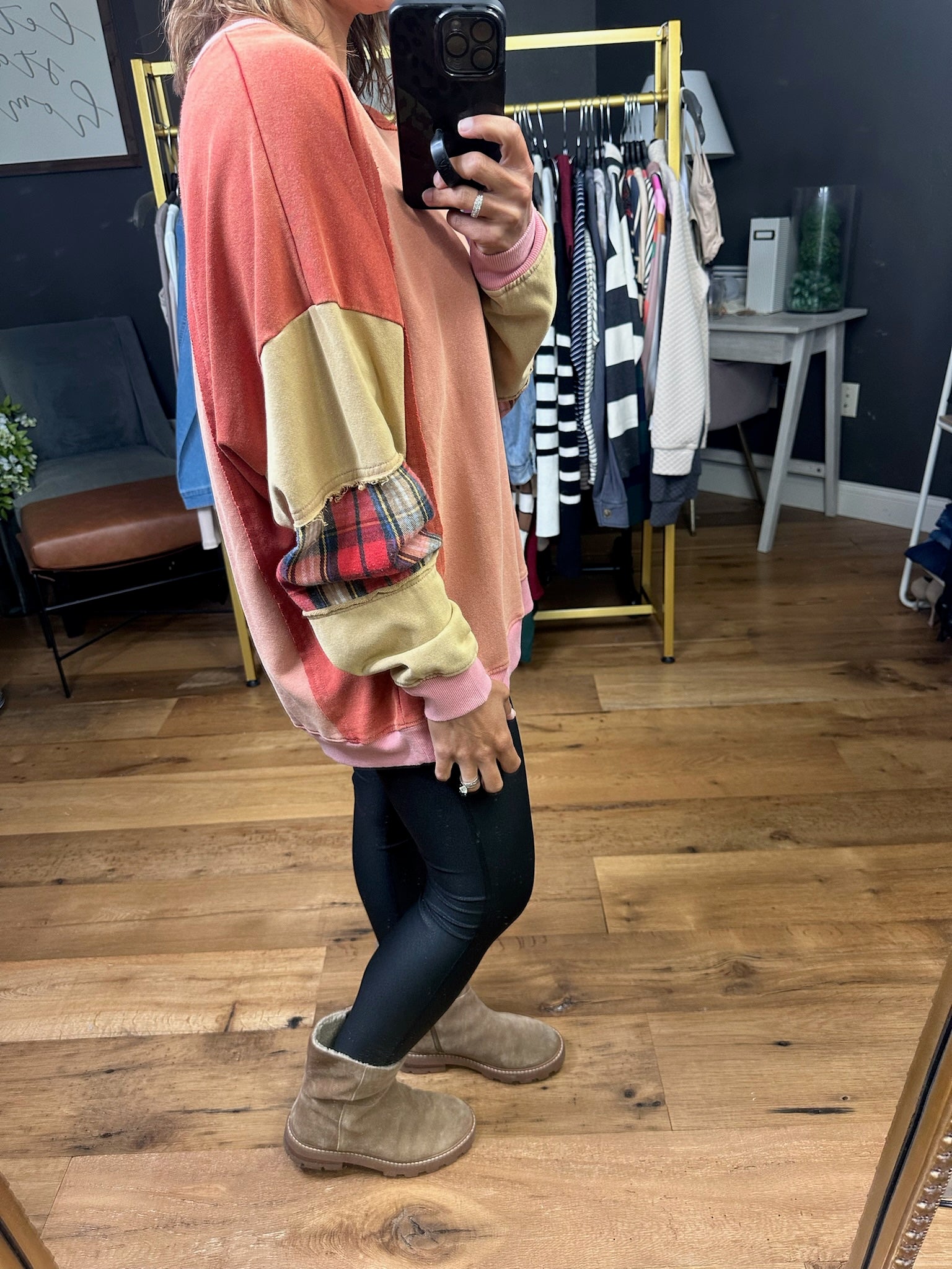 My Happy Place Plaid Patchwork Crewneck - Brick-Easel-Anna Kaytes Boutique, Women's Fashion Boutique in Grinnell, Iowa