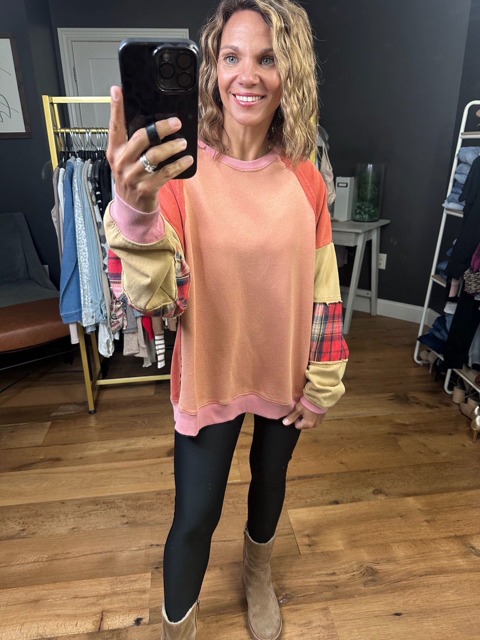 My Happy Place Plaid Patchwork Crewneck - Brick-Easel-Anna Kaytes Boutique, Women's Fashion Boutique in Grinnell, Iowa