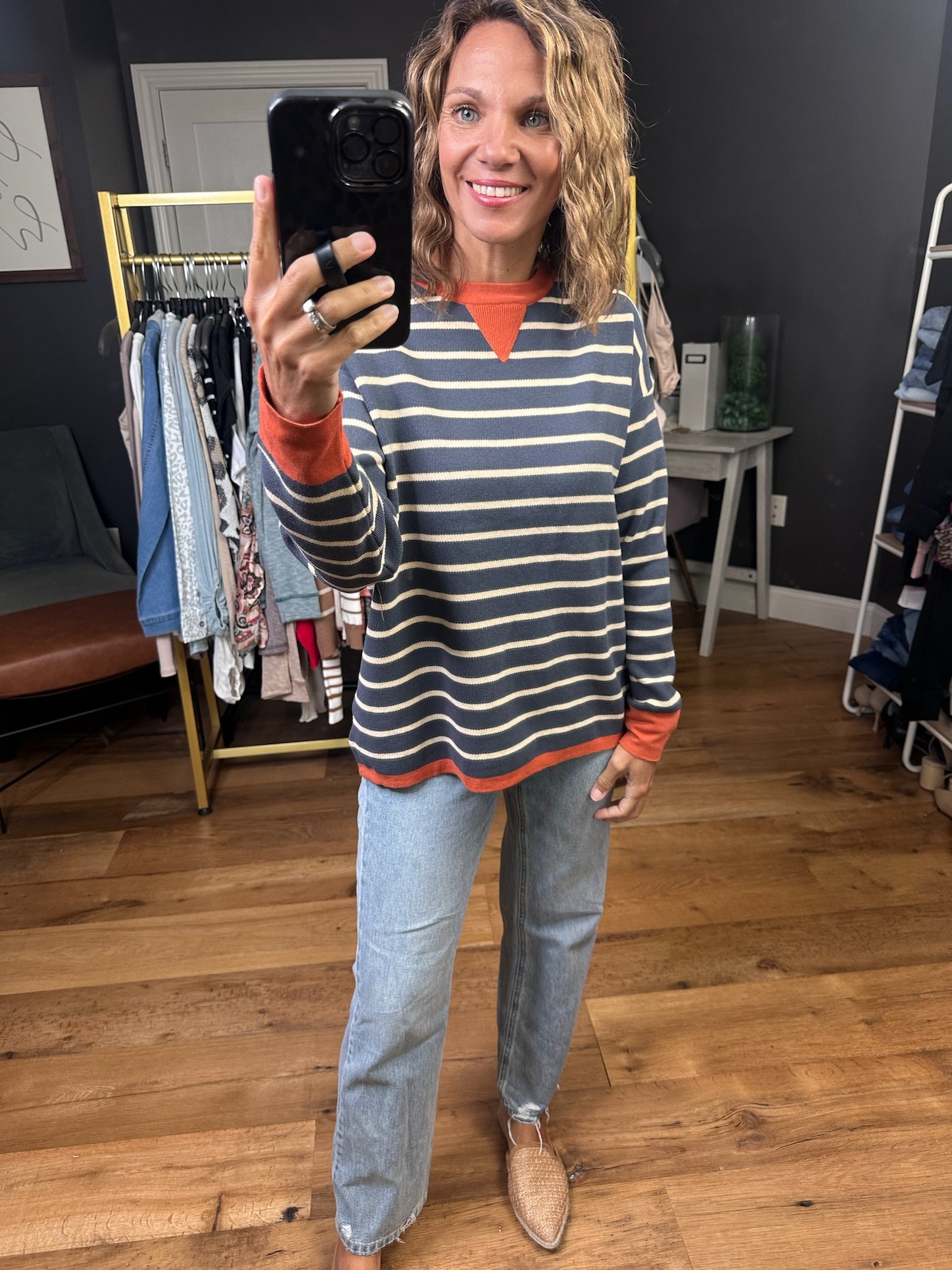 Ahead Of My Time Striped V-Notch Crewneck - Midnight-Staccato-Anna Kaytes Boutique, Women's Fashion Boutique in Grinnell, Iowa