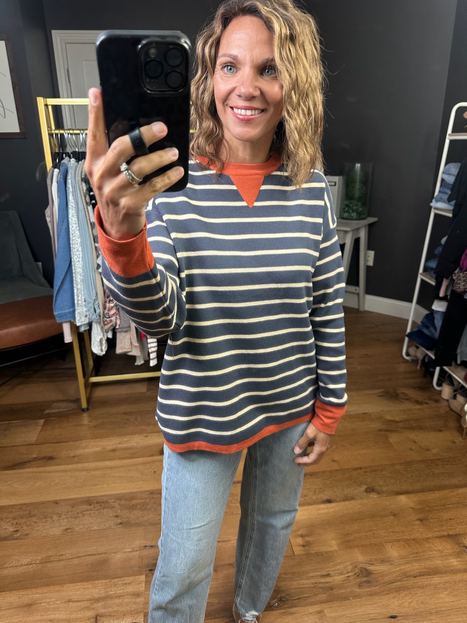 Ahead Of My Time Striped V-Notch Crewneck - Midnight-Staccato-Anna Kaytes Boutique, Women's Fashion Boutique in Grinnell, Iowa