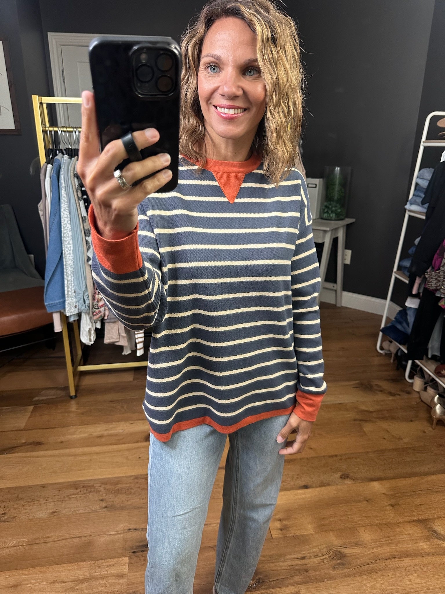 Ahead Of My Time Striped V-Notch Crewneck - Midnight-Staccato-Anna Kaytes Boutique, Women's Fashion Boutique in Grinnell, Iowa