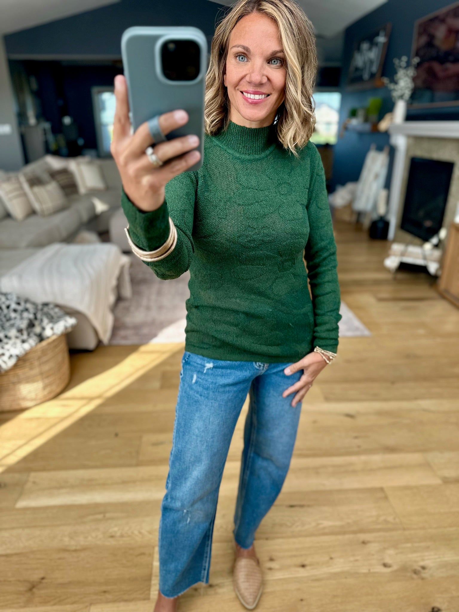 All The Time Floral Textured Mock Neck Knit Sweater Top-Sweaters-Anniewear-Anna Kaytes Boutique, Women's Fashion Boutique in Grinnell, Iowa