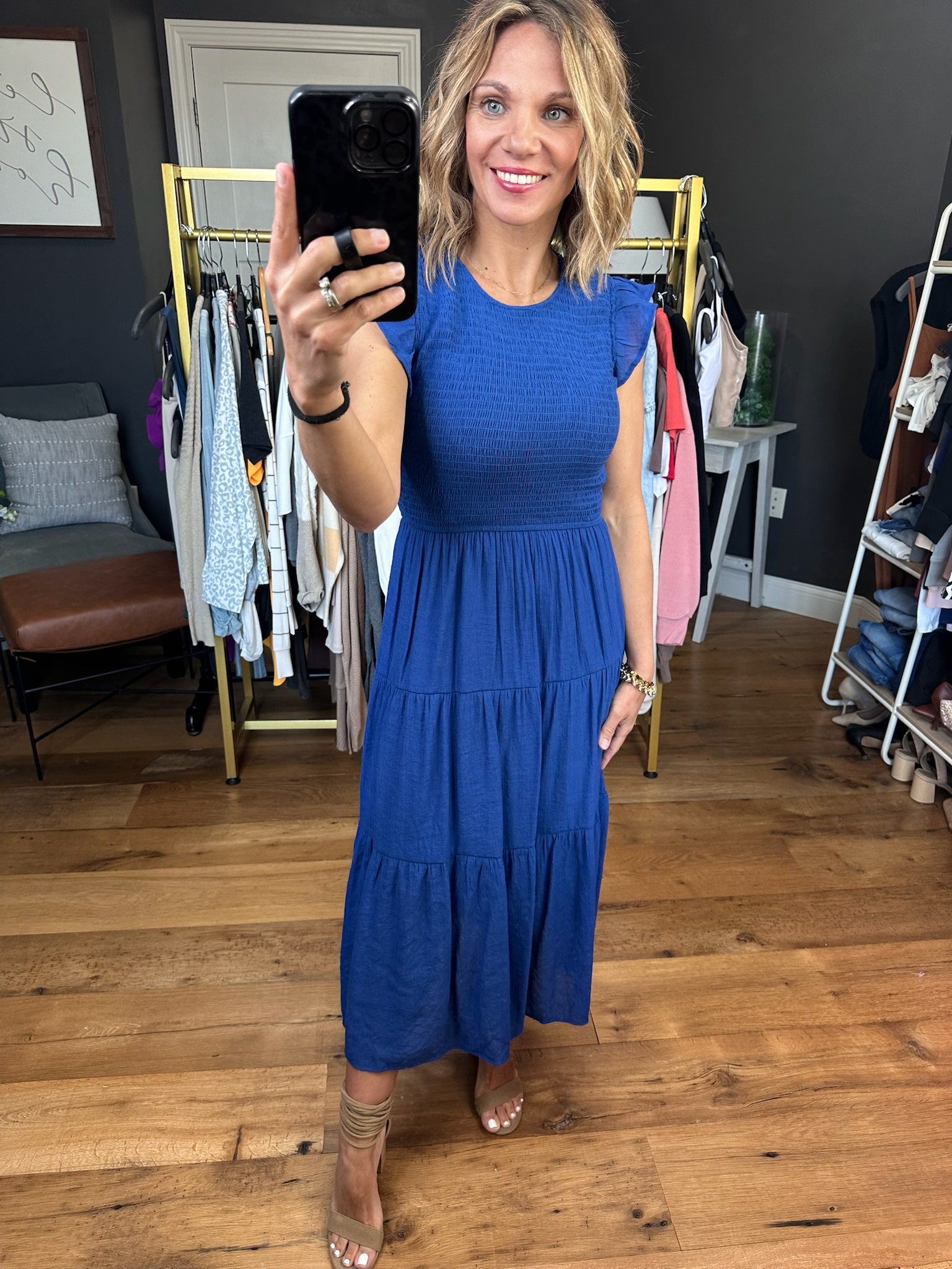 Spin Around Tiered Midi Dress With Smocked Detail - Multiple Options-Dresses-Blu Pepper CR2029-Anna Kaytes Boutique, Women's Fashion Boutique in Grinnell, Iowa