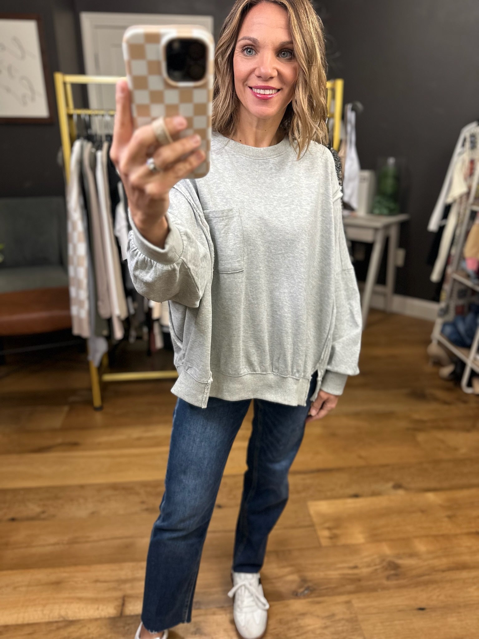 Every Moment Pocket Crewneck - Heather Grey-Easel-Anna Kaytes Boutique, Women's Fashion Boutique in Grinnell, Iowa