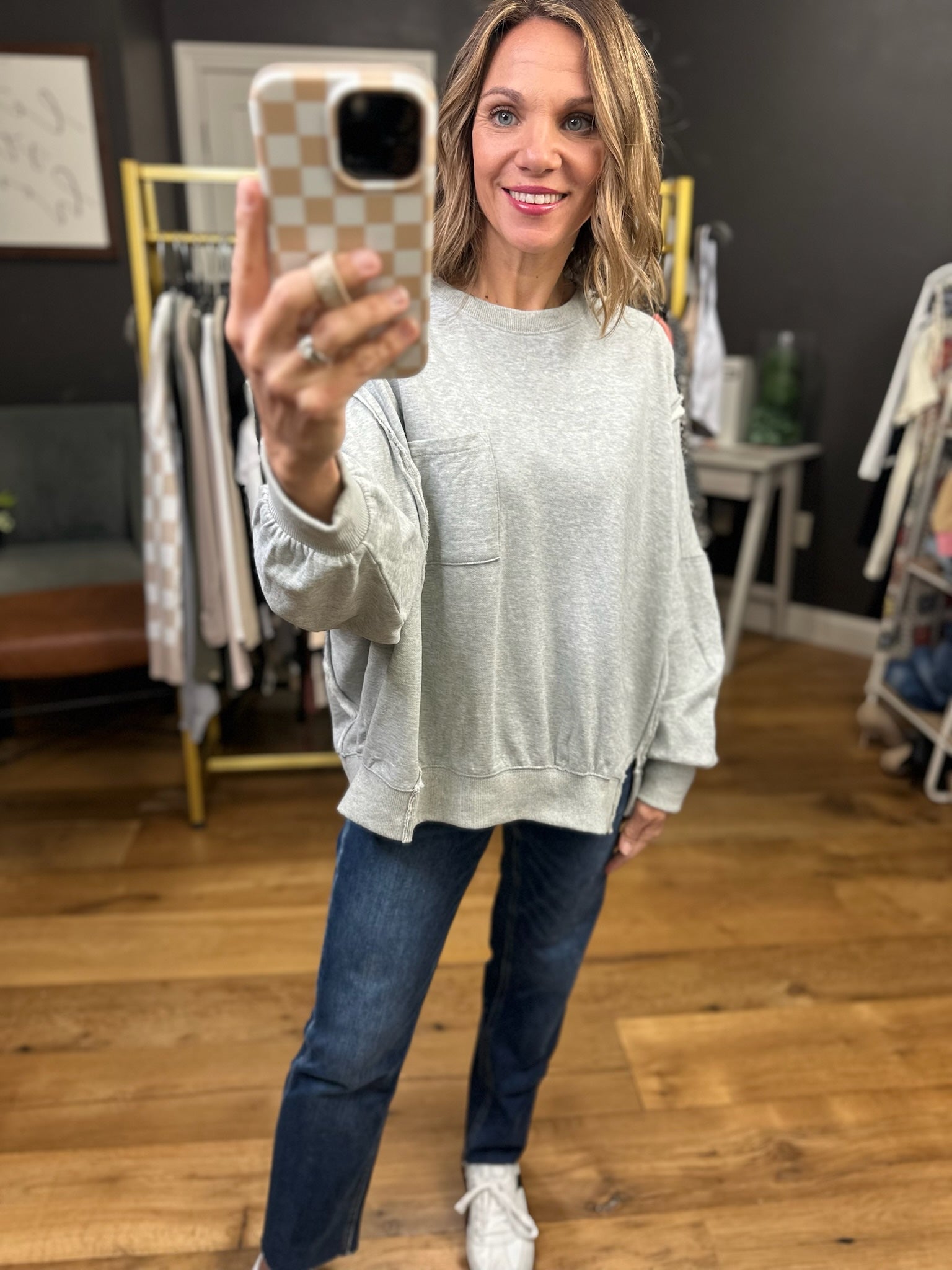 Every Moment Pocket Crewneck - Heather Grey-Easel-Anna Kaytes Boutique, Women's Fashion Boutique in Grinnell, Iowa