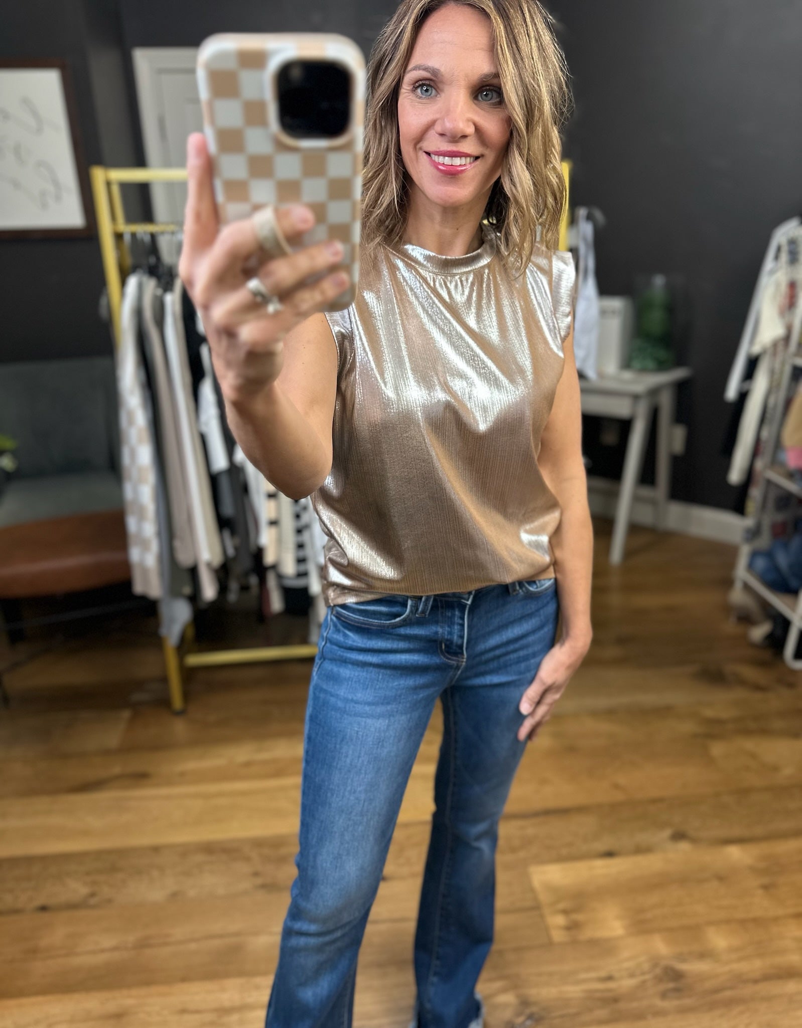 Too Perfect Metallic Muscle Tee - Taupe-Glam-Anna Kaytes Boutique, Women's Fashion Boutique in Grinnell, Iowa