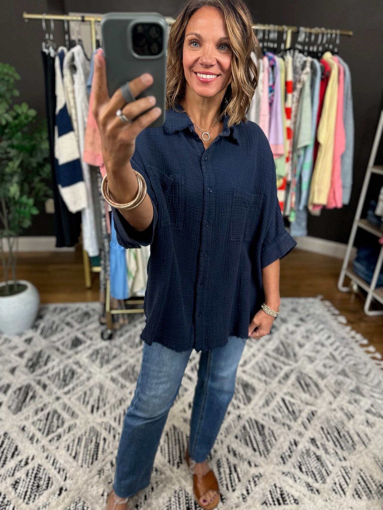 Never Worried Cotton Gauze Button-Down Top-Short Sleeves-ee:some-Anna Kaytes Boutique, Women's Fashion Boutique in Grinnell, Iowa