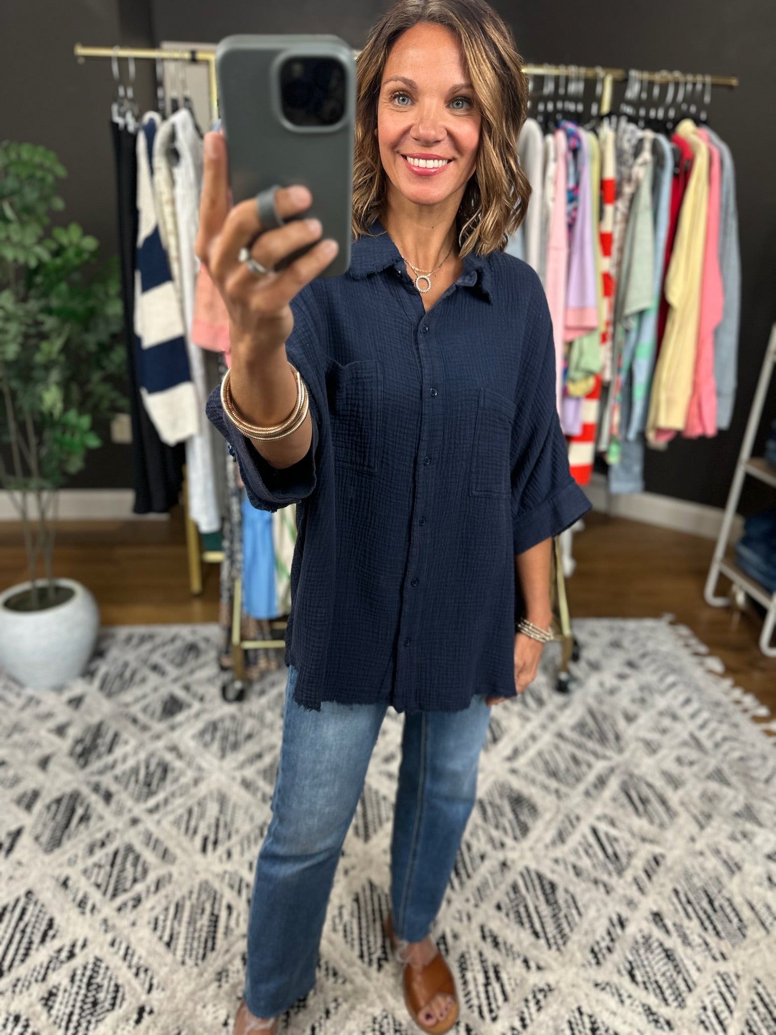 Never Worried Cotton Gauze Button-Down Top-Short Sleeves-ee:some-Anna Kaytes Boutique, Women's Fashion Boutique in Grinnell, Iowa