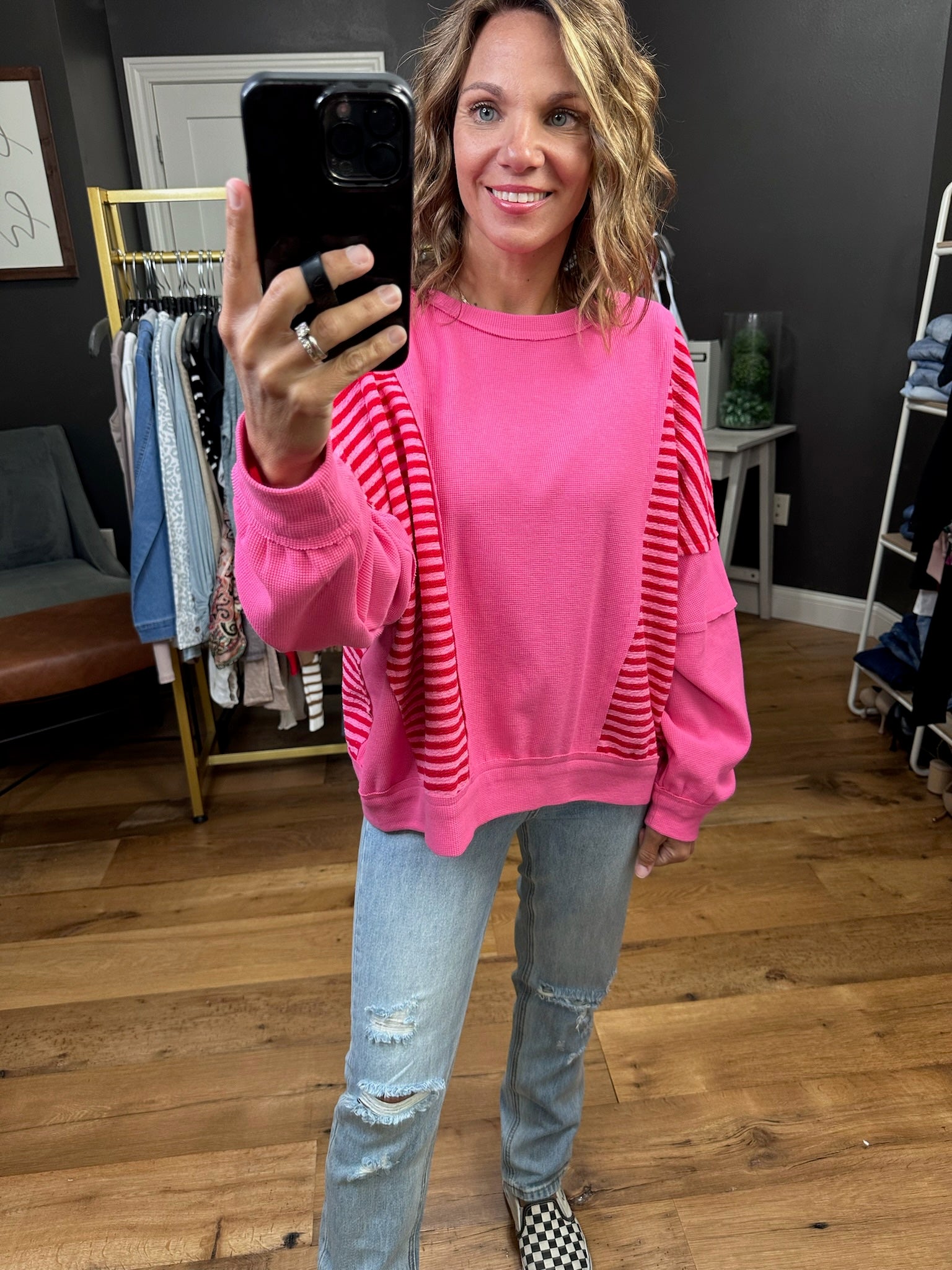 High Energy Striped Crewneck Sweatshirt - Pink-Bibi-Anna Kaytes Boutique, Women's Fashion Boutique in Grinnell, Iowa