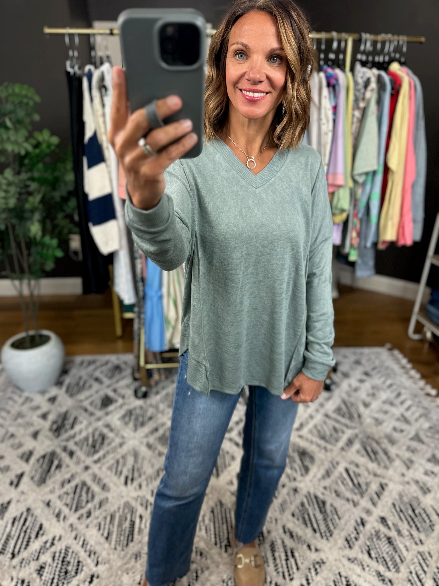 A Big Day V-Neck Top-Long Sleeves-Wasabi & Mint-Anna Kaytes Boutique, Women's Fashion Boutique in Grinnell, Iowa
