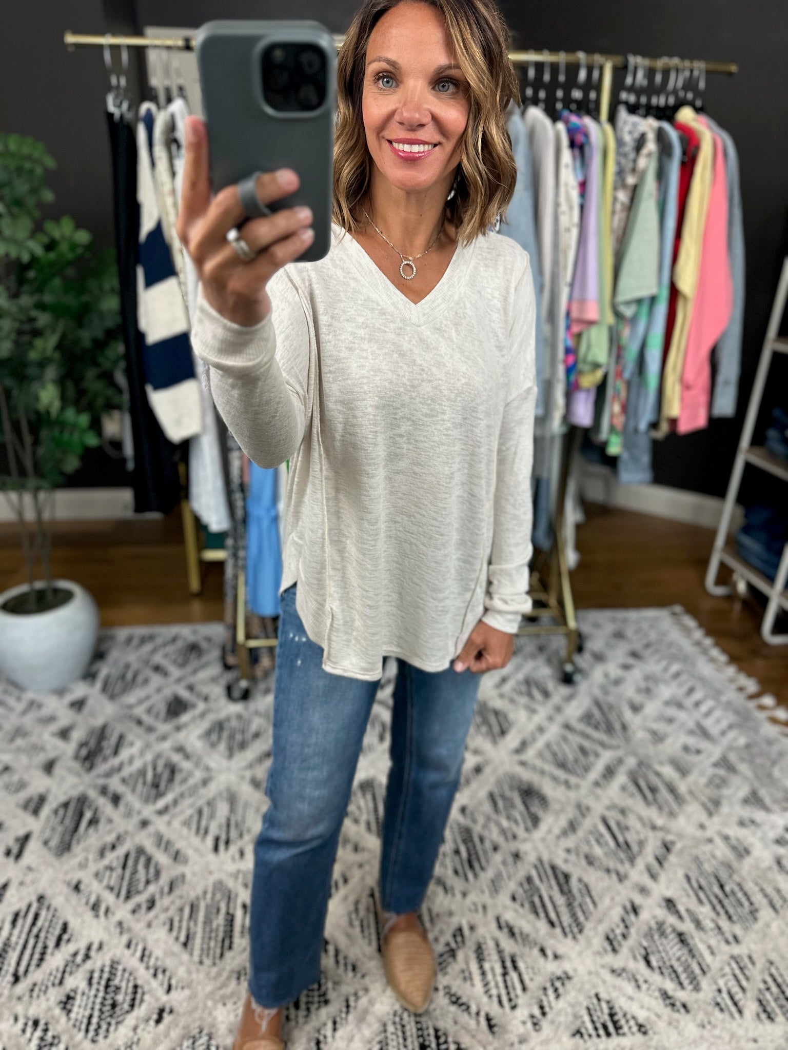 A Big Day V-Neck Top-Long Sleeves-Wasabi & Mint-Anna Kaytes Boutique, Women's Fashion Boutique in Grinnell, Iowa