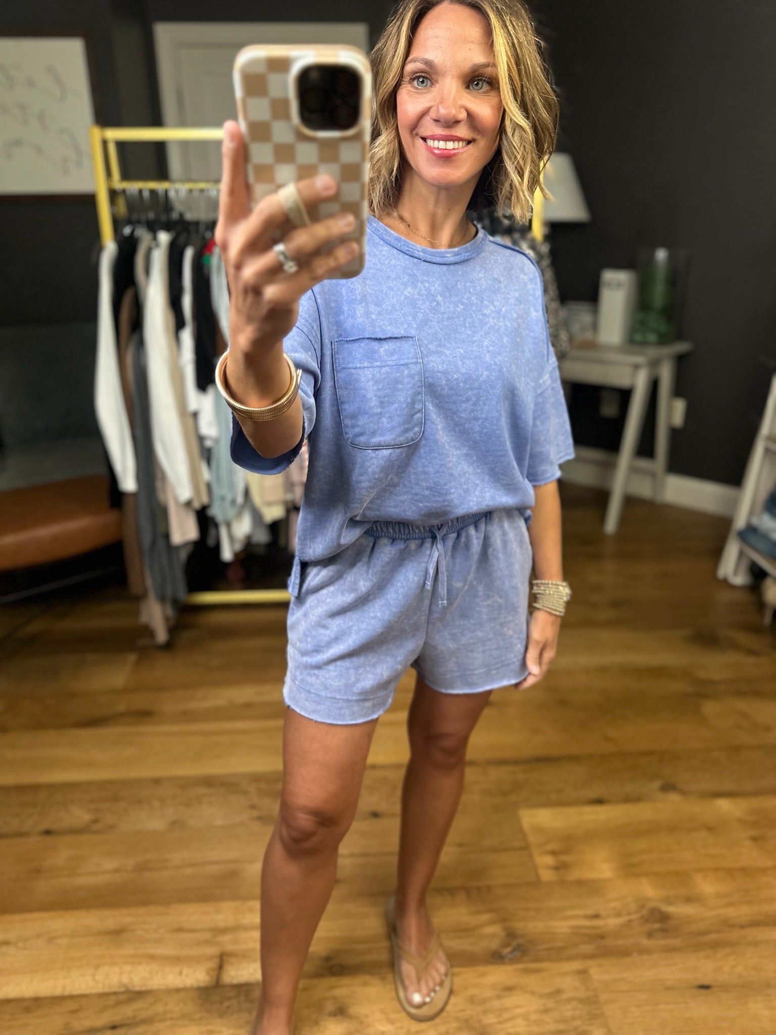 See It Clear Washed Pocket Tee + Short Set - Blue-Very J-Anna Kaytes Boutique, Women's Fashion Boutique in Grinnell, Iowa
