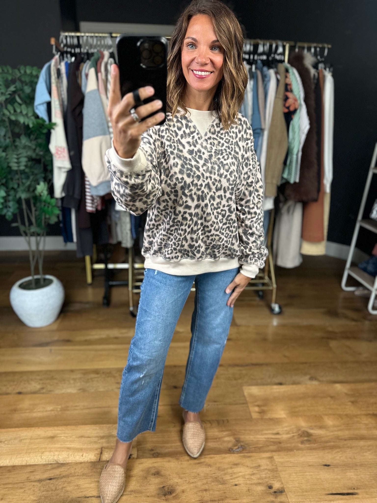 On The Spot Leopard Print Crewneck-Sweaters-JOA-Anna Kaytes Boutique, Women's Fashion Boutique in Grinnell, Iowa
