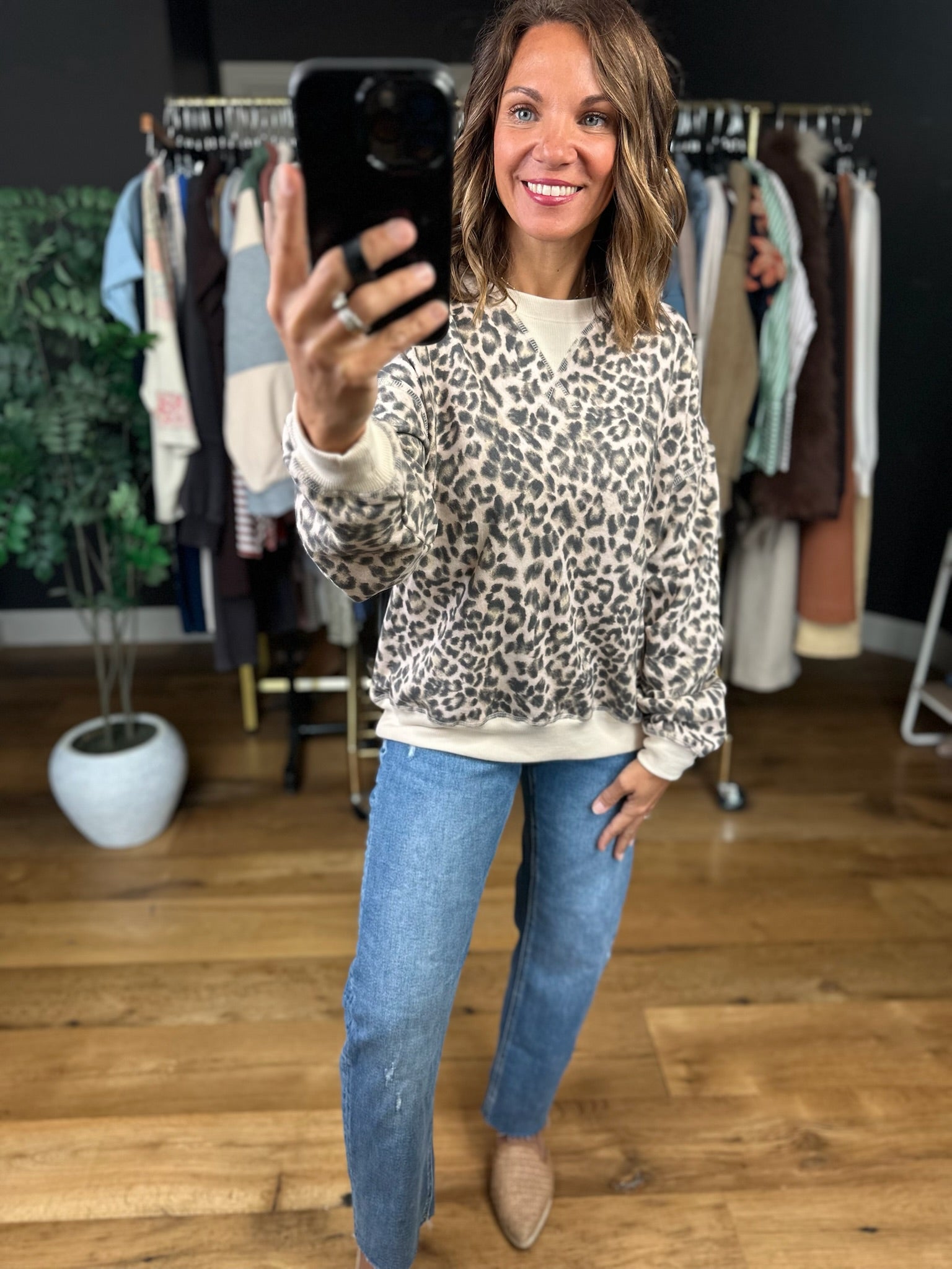On The Spot Leopard Print Crewneck-Sweaters-JOA-Anna Kaytes Boutique, Women's Fashion Boutique in Grinnell, Iowa