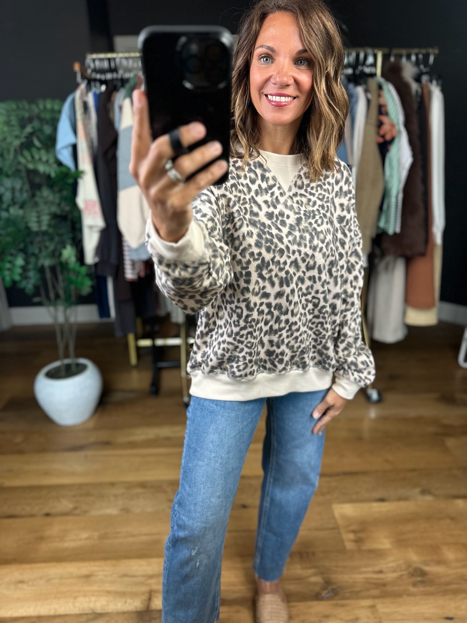 On The Spot Leopard Print Crewneck-Sweaters-JOA-Anna Kaytes Boutique, Women's Fashion Boutique in Grinnell, Iowa
