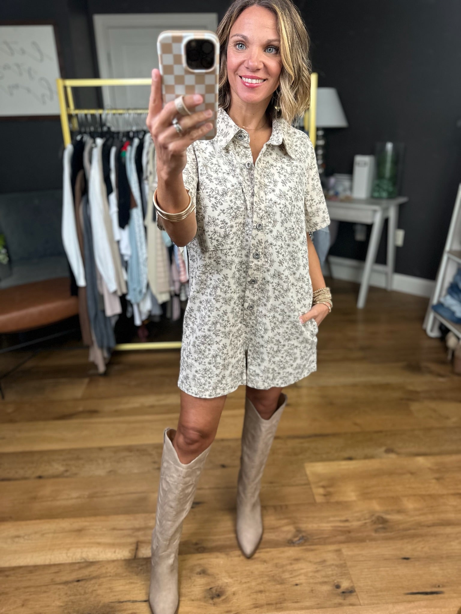 Heading West Floral Button-Down Romper - Natural/Brown-Wishlist-Anna Kaytes Boutique, Women's Fashion Boutique in Grinnell, Iowa