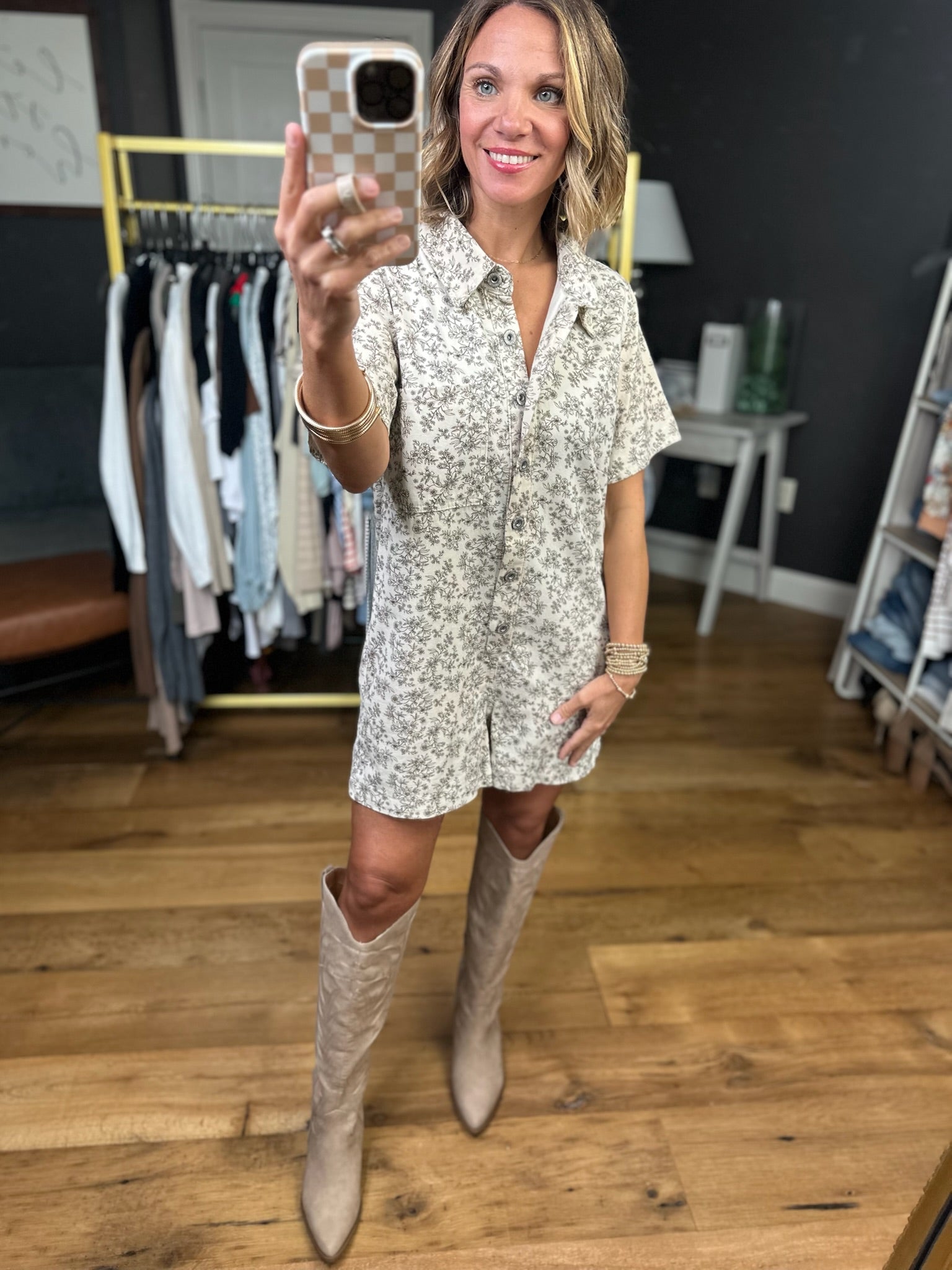 Heading West Floral Button-Down Romper - Natural/Brown-Wishlist-Anna Kaytes Boutique, Women's Fashion Boutique in Grinnell, Iowa