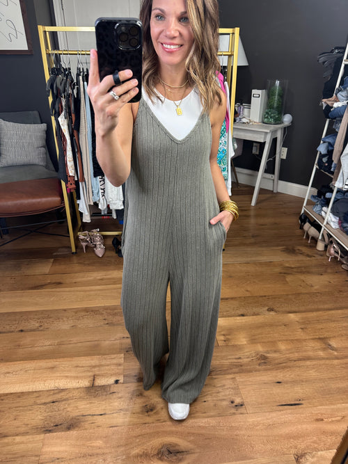 Showing Up Wide-Leg Ribbed Knit Jumpsuit - Olive