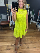 Lost In Paradise Crochet Detail Tiered Dress - Lime Yellow-Dresses-Skies Are Blue 99003-Anna Kaytes Boutique, Women's Fashion Boutique in Grinnell, Iowa