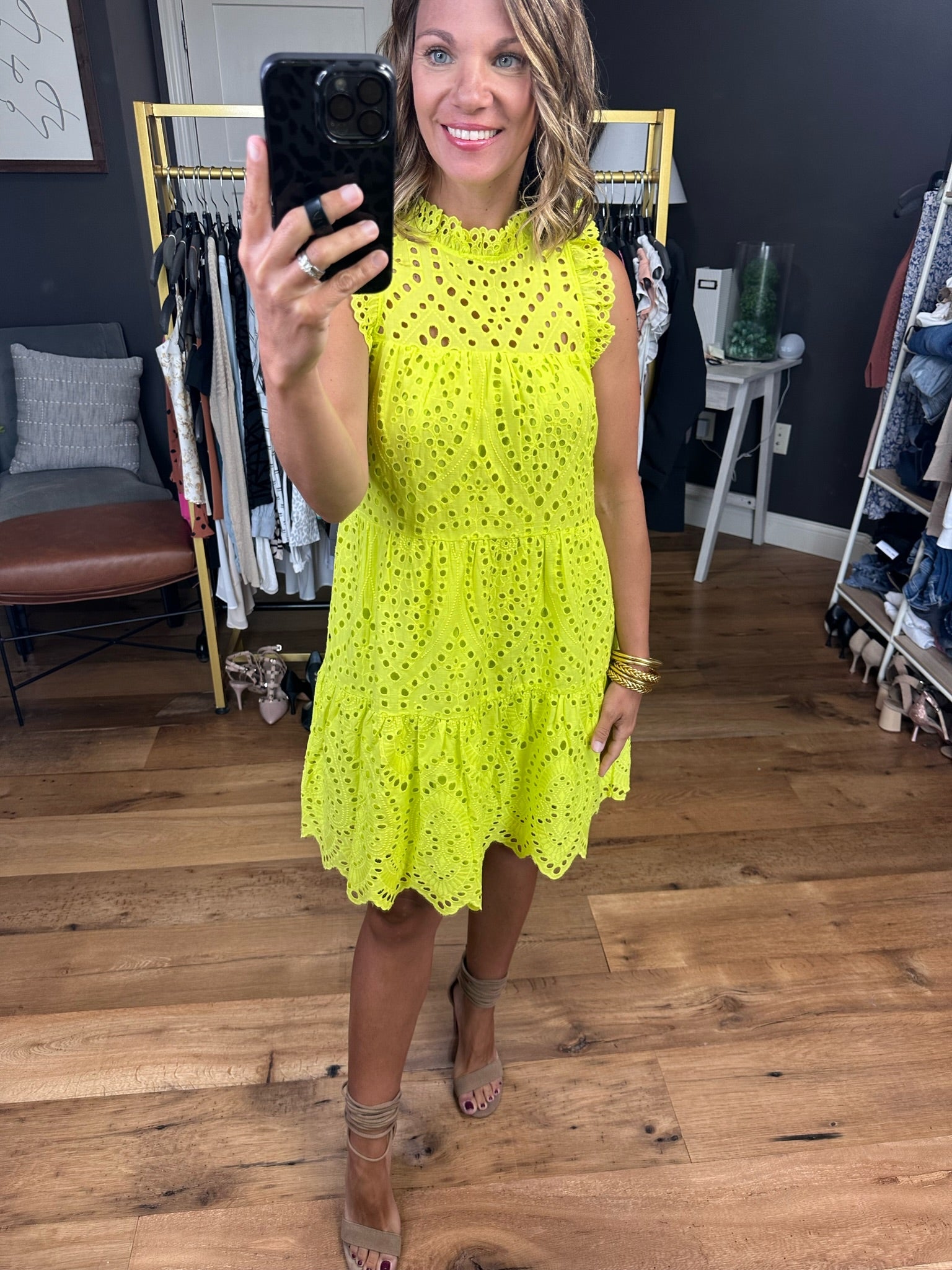 Lost In Paradise Crochet Detail Tiered Dress - Lime Yellow-Dresses-Skies Are Blue 99003-Anna Kaytes Boutique, Women's Fashion Boutique in Grinnell, Iowa