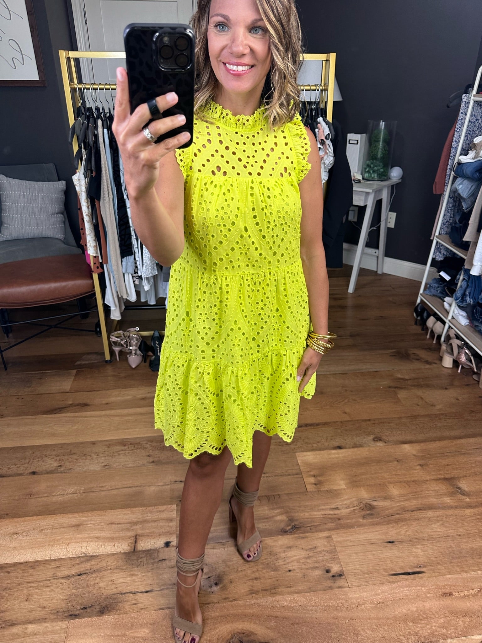 Lost In Paradise Crochet Detail Tiered Dress - Lime Yellow-Dresses-Skies Are Blue 99003-Anna Kaytes Boutique, Women's Fashion Boutique in Grinnell, Iowa