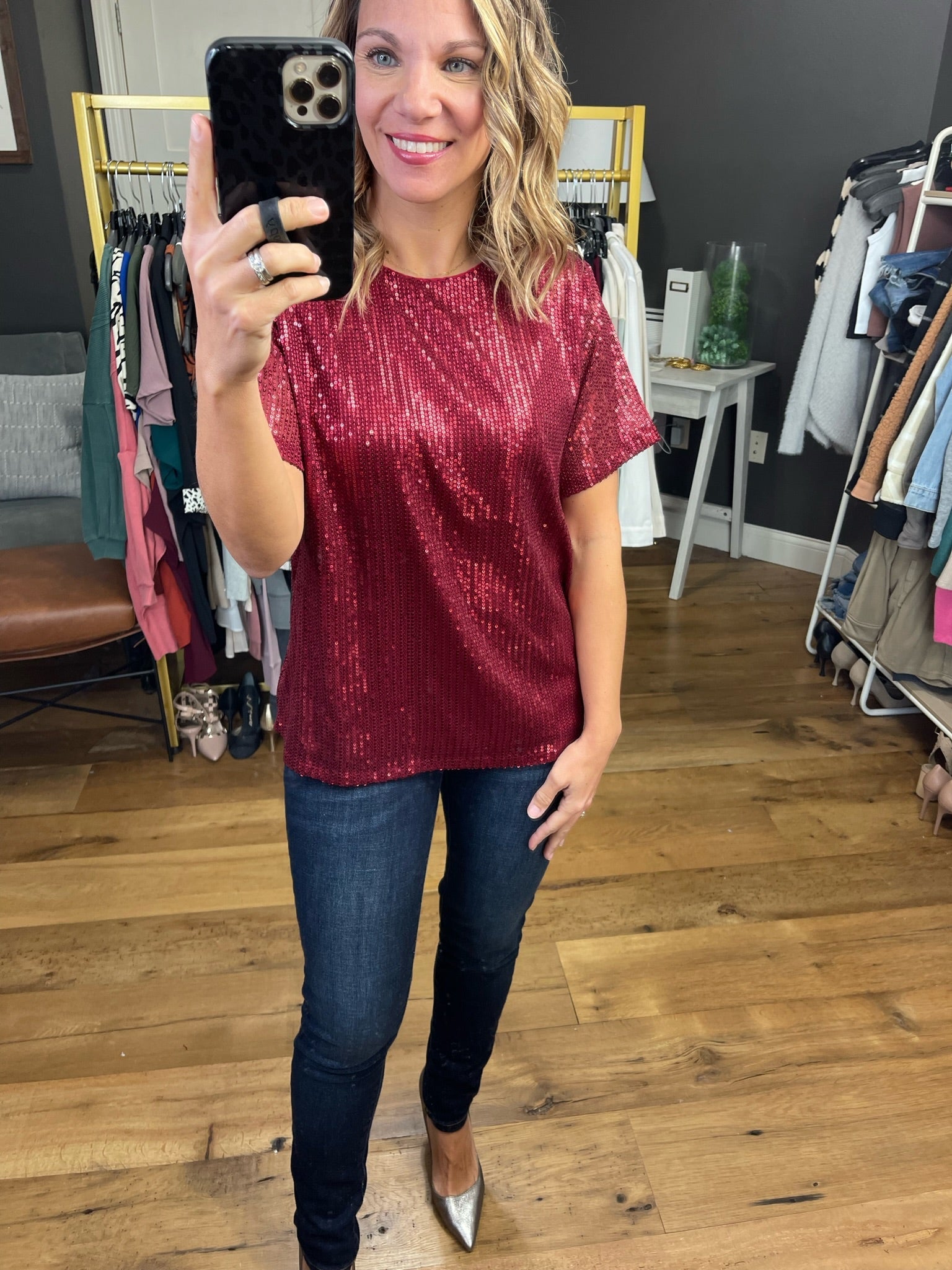 Take A Look Sequin Detail Top - Wine-Short Sleeves-Vine & Love VT60101-Anna Kaytes Boutique, Women's Fashion Boutique in Grinnell, Iowa