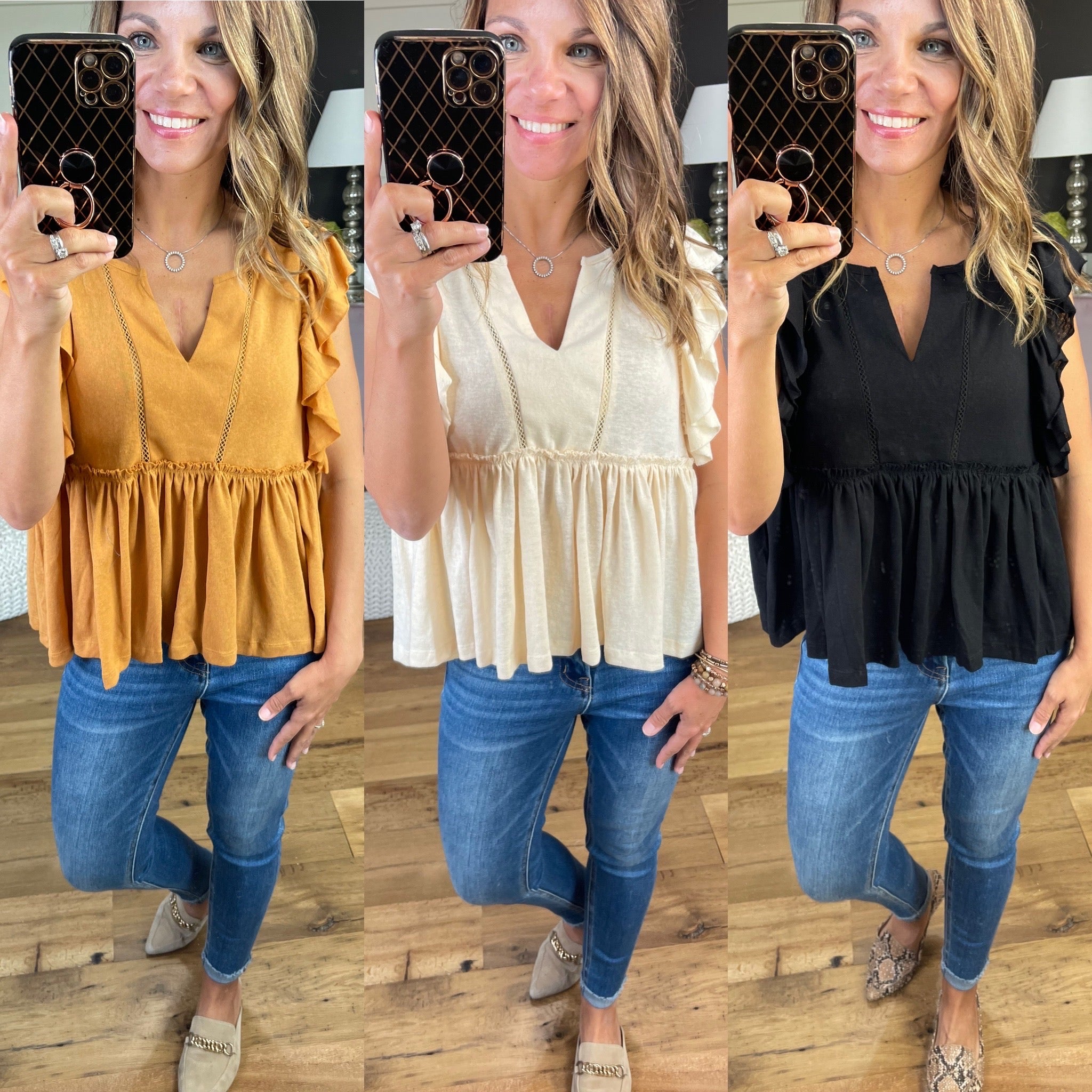 It Just Comes Natural Ruffle Peplum V-Neck - Multiple Options-Short Sleeves-Millibon IT31412-Anna Kaytes Boutique, Women's Fashion Boutique in Grinnell, Iowa