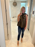 Racing Through My Brain High-Neck Top With Embossed Detail - Olive-Short Sleeves-Glam GT4571-Anna Kaytes Boutique, Women's Fashion Boutique in Grinnell, Iowa