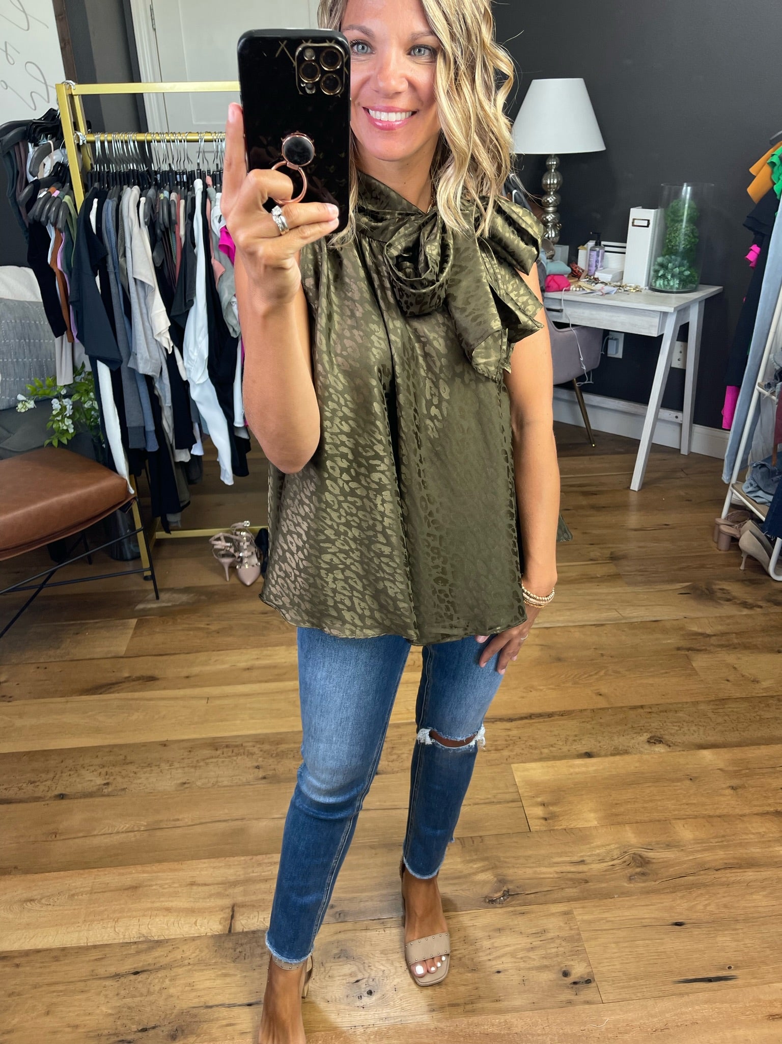 Racing Through My Brain High-Neck Top With Embossed Detail - Olive-Short Sleeves-Glam GT4571-Anna Kaytes Boutique, Women's Fashion Boutique in Grinnell, Iowa