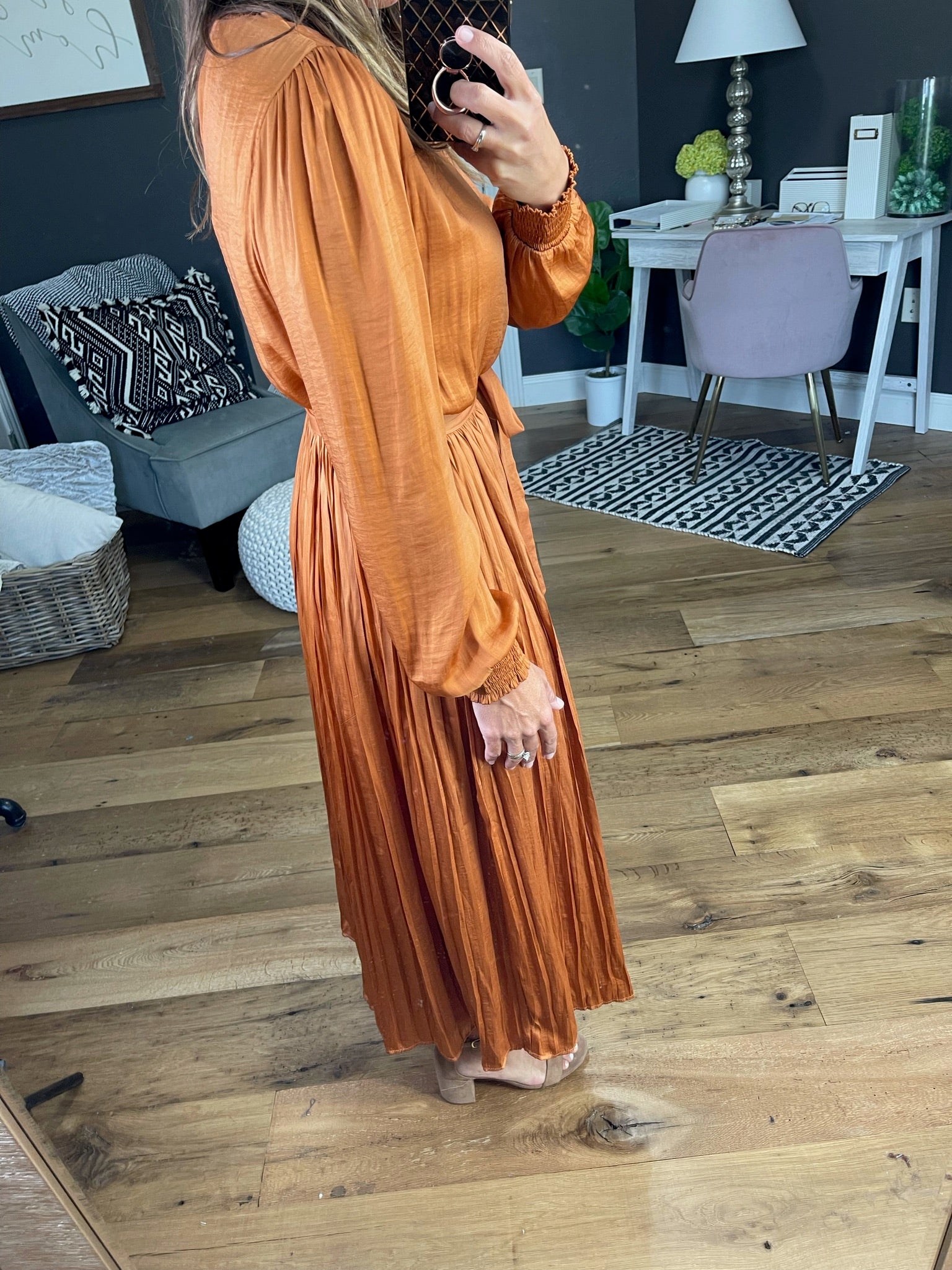 Lost With You Pleated Tie Waist Midi Dress With Smocked Detail - Spice-Dresses-She & Sky SS7935-Anna Kaytes Boutique, Women's Fashion Boutique in Grinnell, Iowa