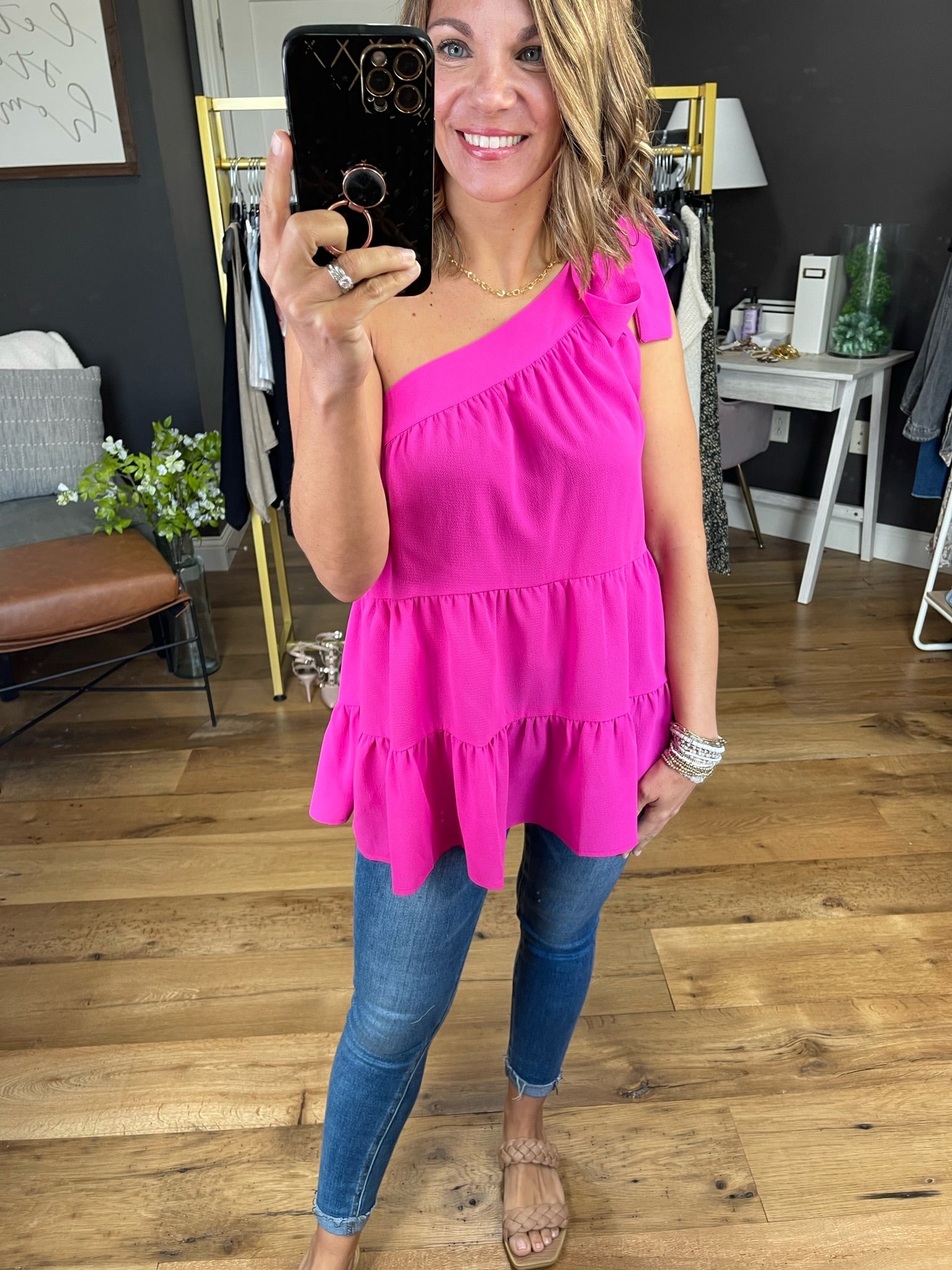 Take Too Long One Shoulder Tiered Top - Fuchsia-Sleeveless-Staccato 18612-Anna Kaytes Boutique, Women's Fashion Boutique in Grinnell, Iowa