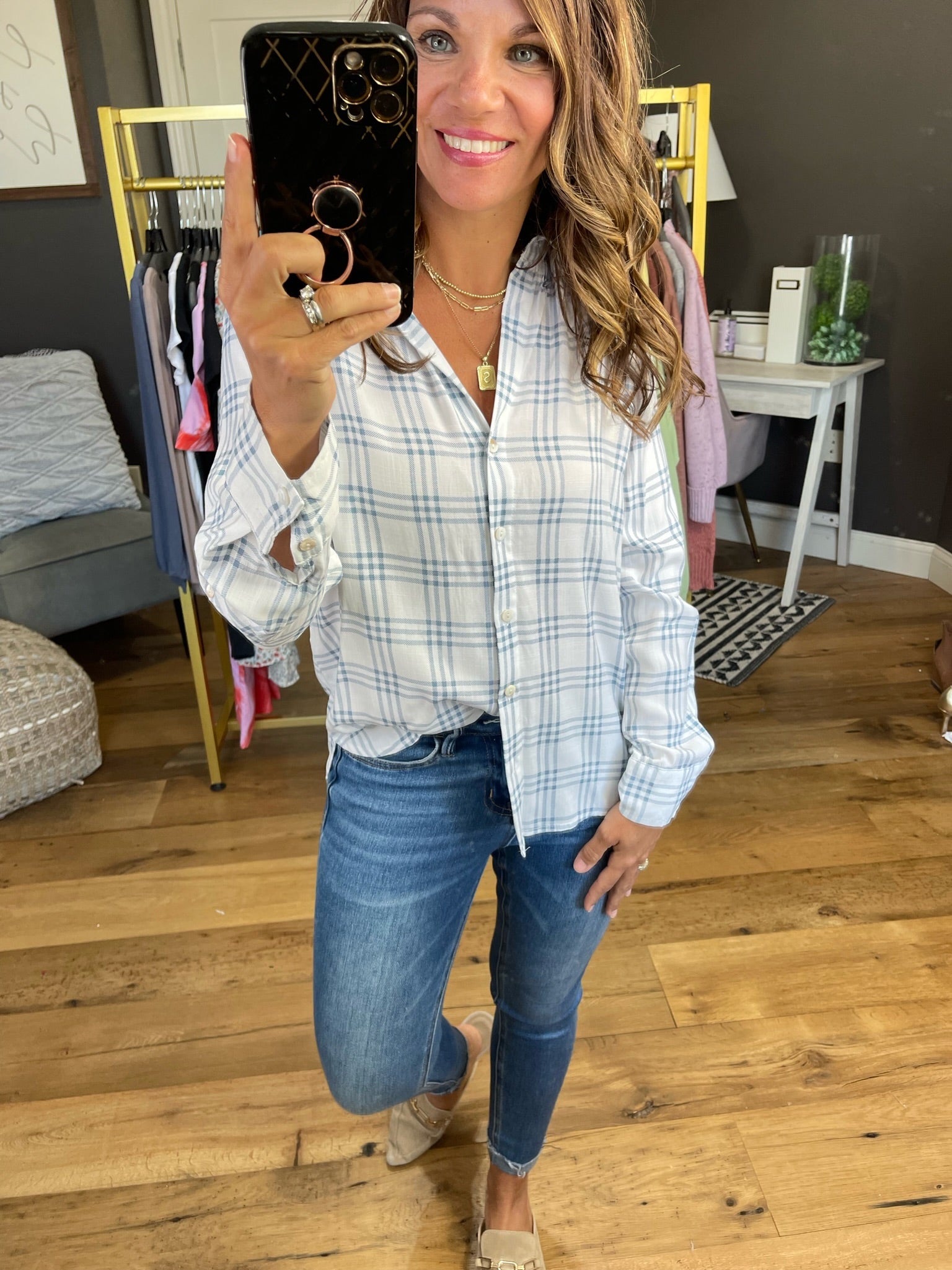 Count Me In Plaid Button Top - Off-White/Blue-Long Sleeves-Millibon IT30335K-Anna Kaytes Boutique, Women's Fashion Boutique in Grinnell, Iowa