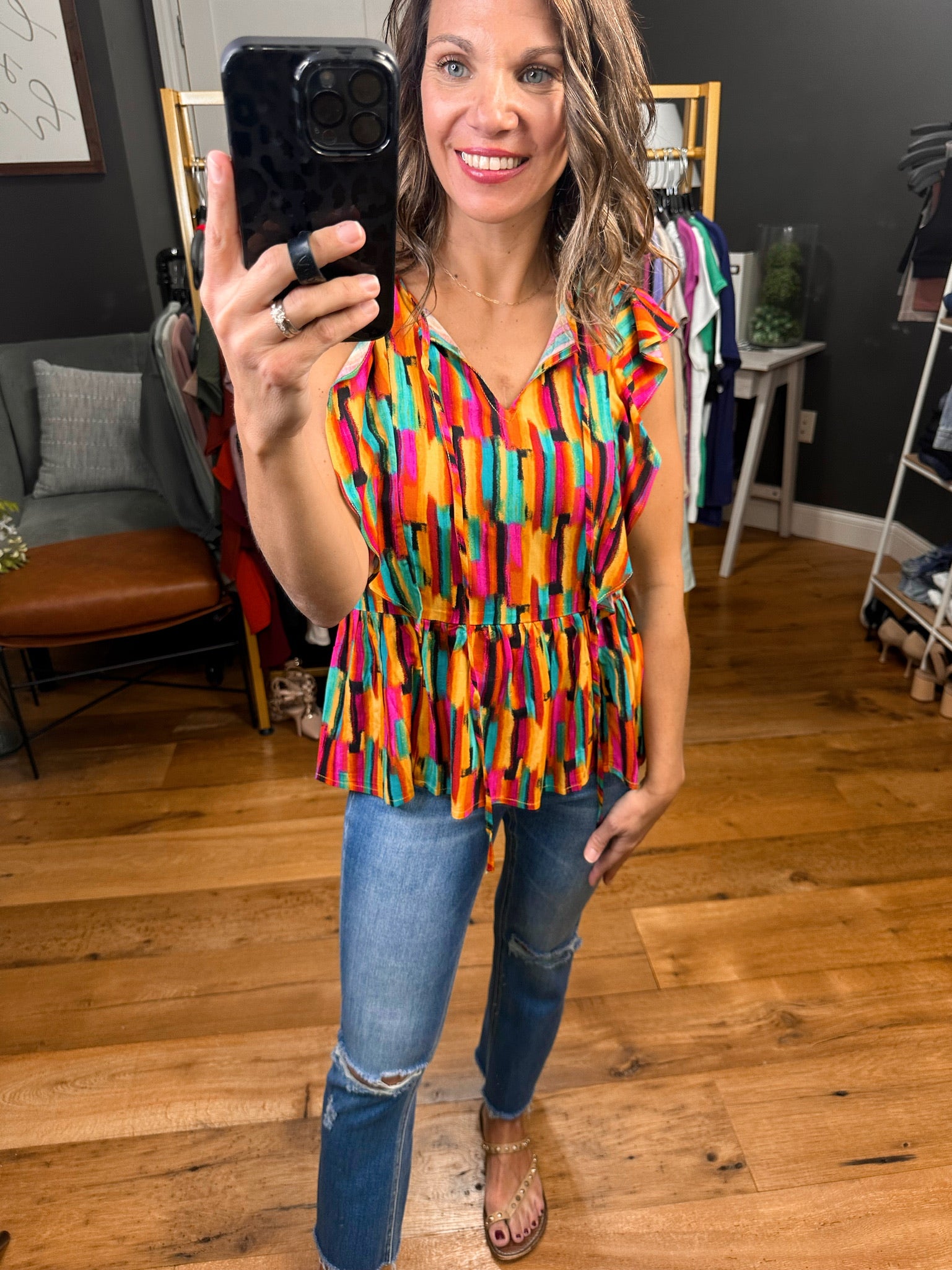 Bright & Bold Flutter Detail Peplum Top - Multi-Short Sleeves-Andree By Unit T10455-3-Anna Kaytes Boutique, Women's Fashion Boutique in Grinnell, Iowa