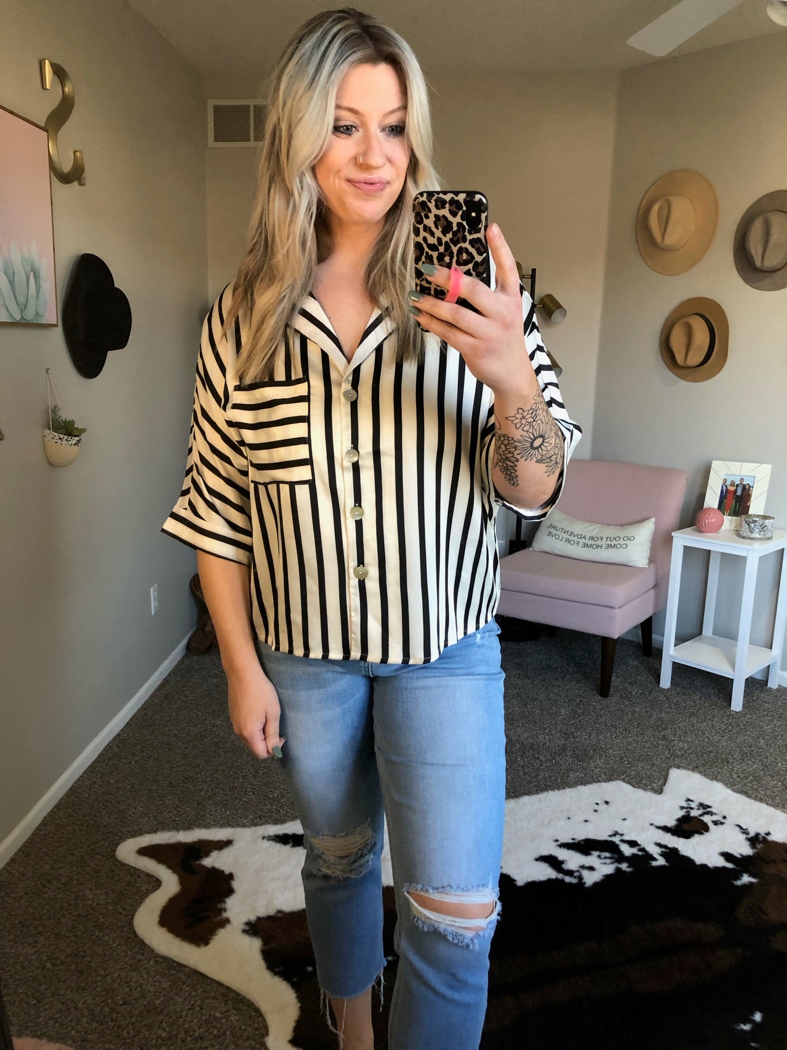 Don't Worry Darling Striped Button-Down Top With 1/2 Sleeve Detail - Black/White-Long Sleeves-Vine & Love VT602016-Anna Kaytes Boutique, Women's Fashion Boutique in Grinnell, Iowa