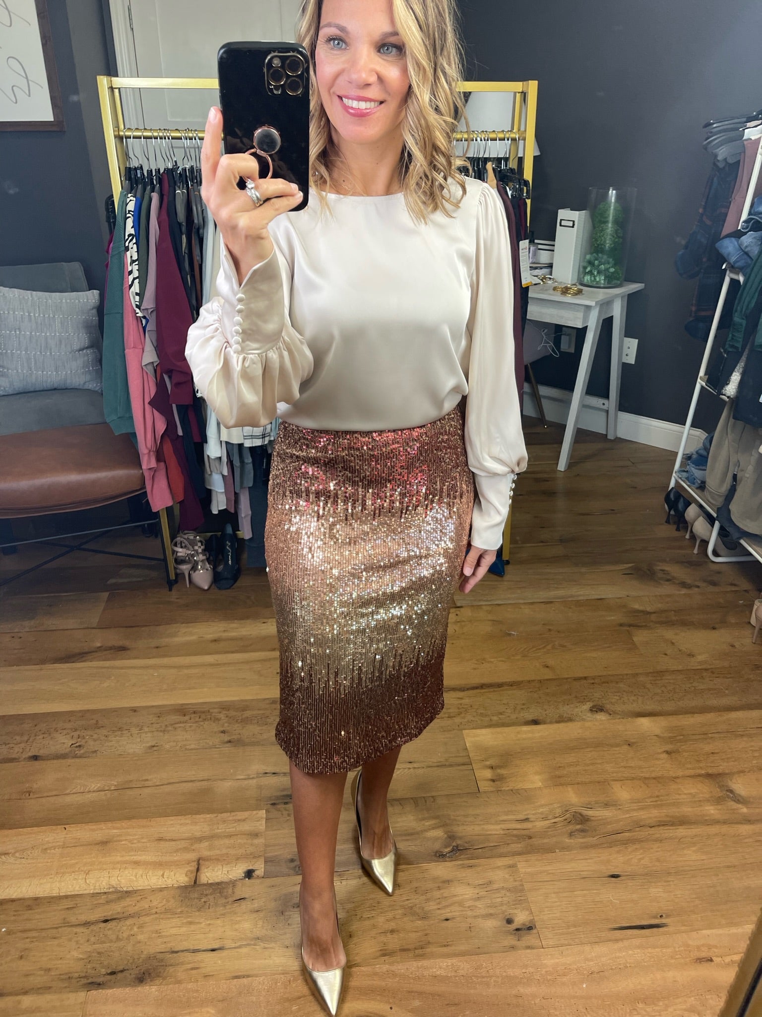 All The Glitz Ombre Sequin Pencil Skirt - Amber Ombre-Skirts-Skies Are Blue 52454-Anna Kaytes Boutique, Women's Fashion Boutique in Grinnell, Iowa