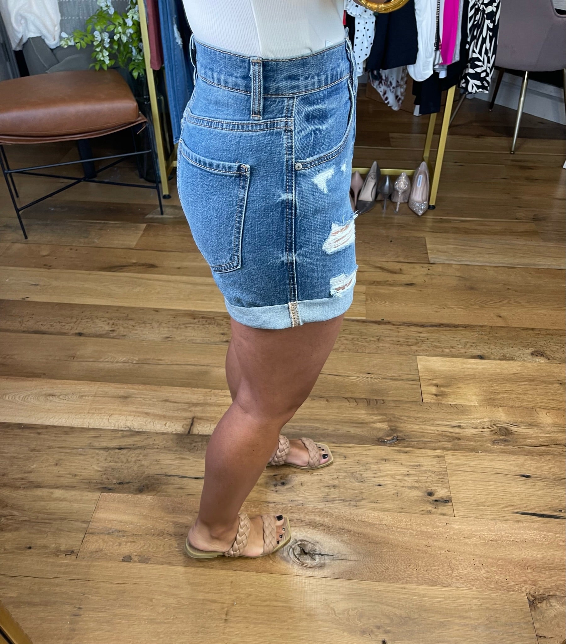 The Haley Distressed Denim Short 2.0 - Medium Wash-Shorts-Eunina E39059M00-Anna Kaytes Boutique, Women's Fashion Boutique in Grinnell, Iowa