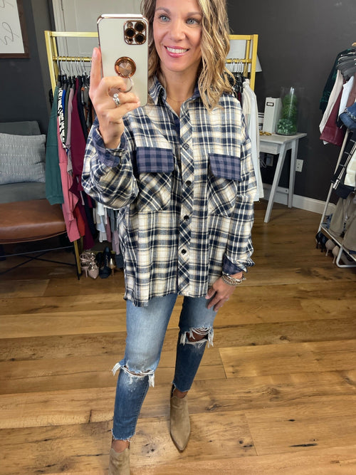 See It Through Contrasting Plaid Top - Navy