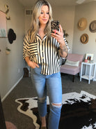 Don't Worry Darling Striped Button-Down Top With 1/2 Sleeve Detail - Black/White-Long Sleeves-Vine & Love VT602016-Anna Kaytes Boutique, Women's Fashion Boutique in Grinnell, Iowa