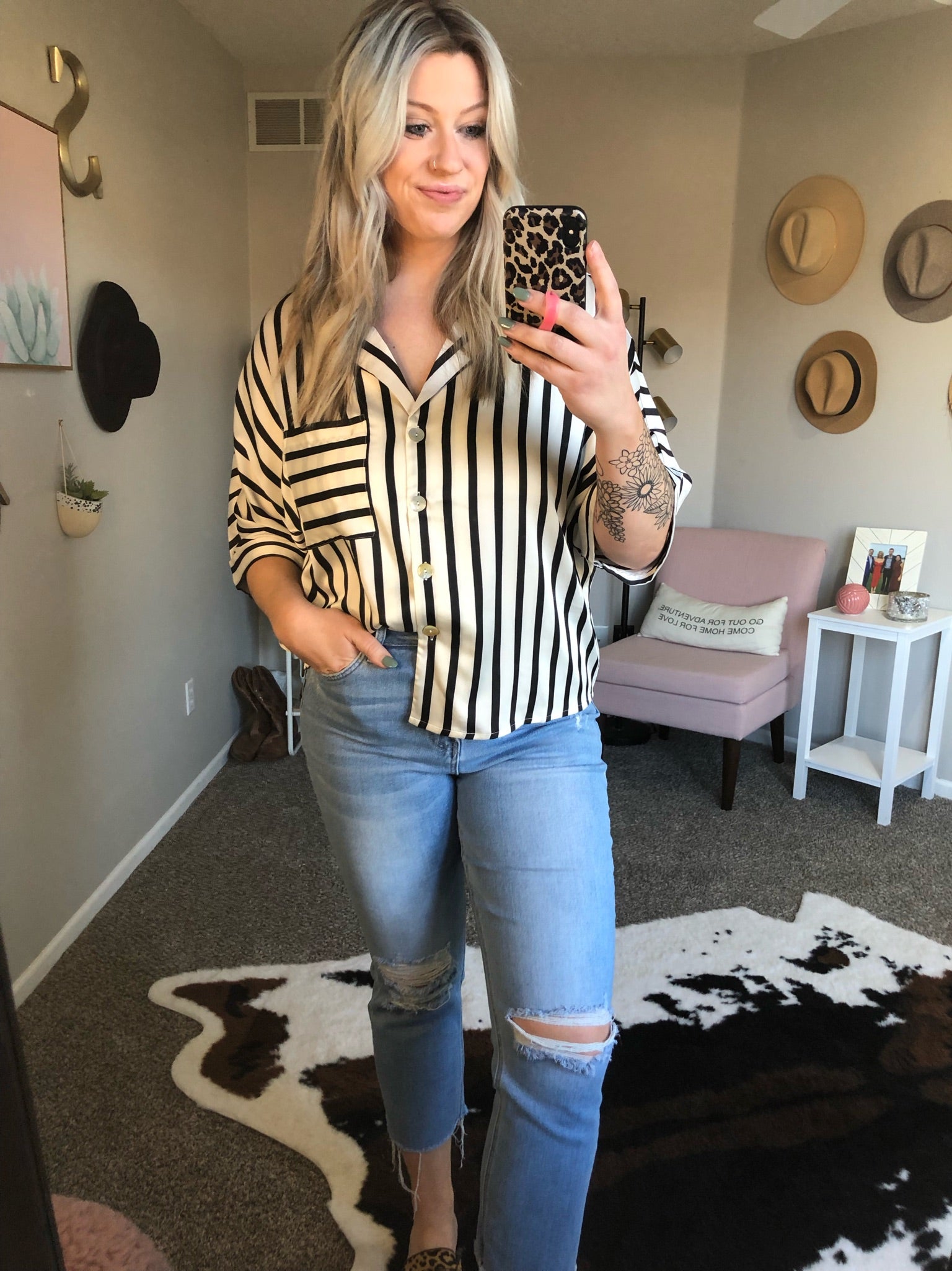 Don't Worry Darling Striped Button-Down Top With 1/2 Sleeve Detail - Black/White-Long Sleeves-Vine & Love VT602016-Anna Kaytes Boutique, Women's Fashion Boutique in Grinnell, Iowa