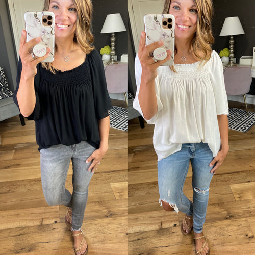 Long Way Around Flowy Blouse With Elastic Detail - Multiple Options-Ces Femme TY10819-Anna Kaytes Boutique, Women's Fashion Boutique in Grinnell, Iowa