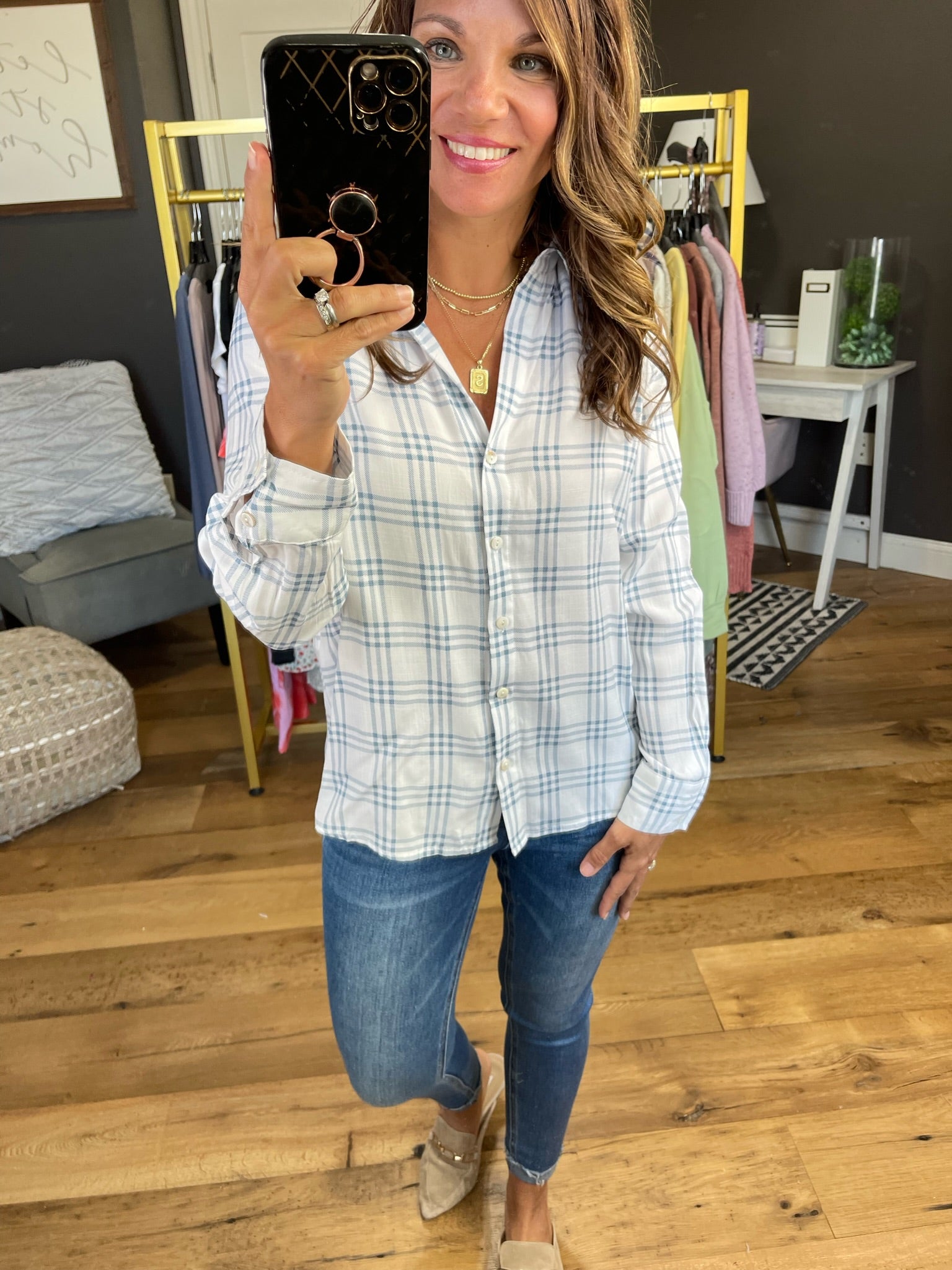 Count Me In Plaid Button Top - Off-White/Blue-Long Sleeves-Millibon IT30335K-Anna Kaytes Boutique, Women's Fashion Boutique in Grinnell, Iowa