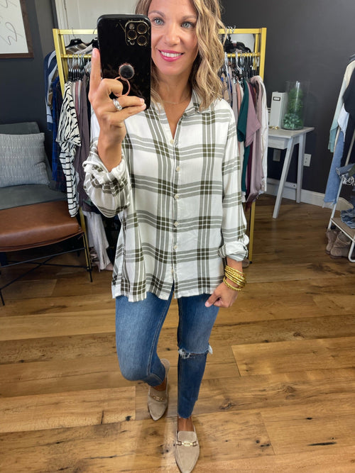Totally You Button-Down Plaid Top - Ivory/Olive