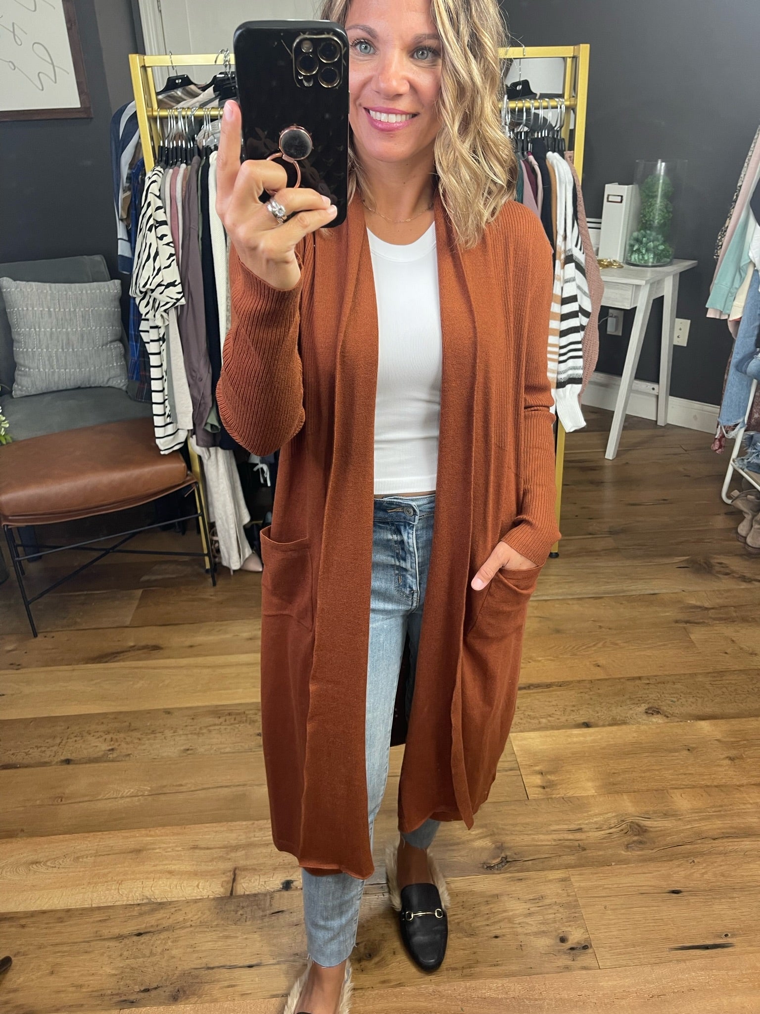 Believe In This Midi-Length Cardigan - Rust-Cardigans-Skies Are Blue-Anna Kaytes Boutique, Women's Fashion Boutique in Grinnell, Iowa