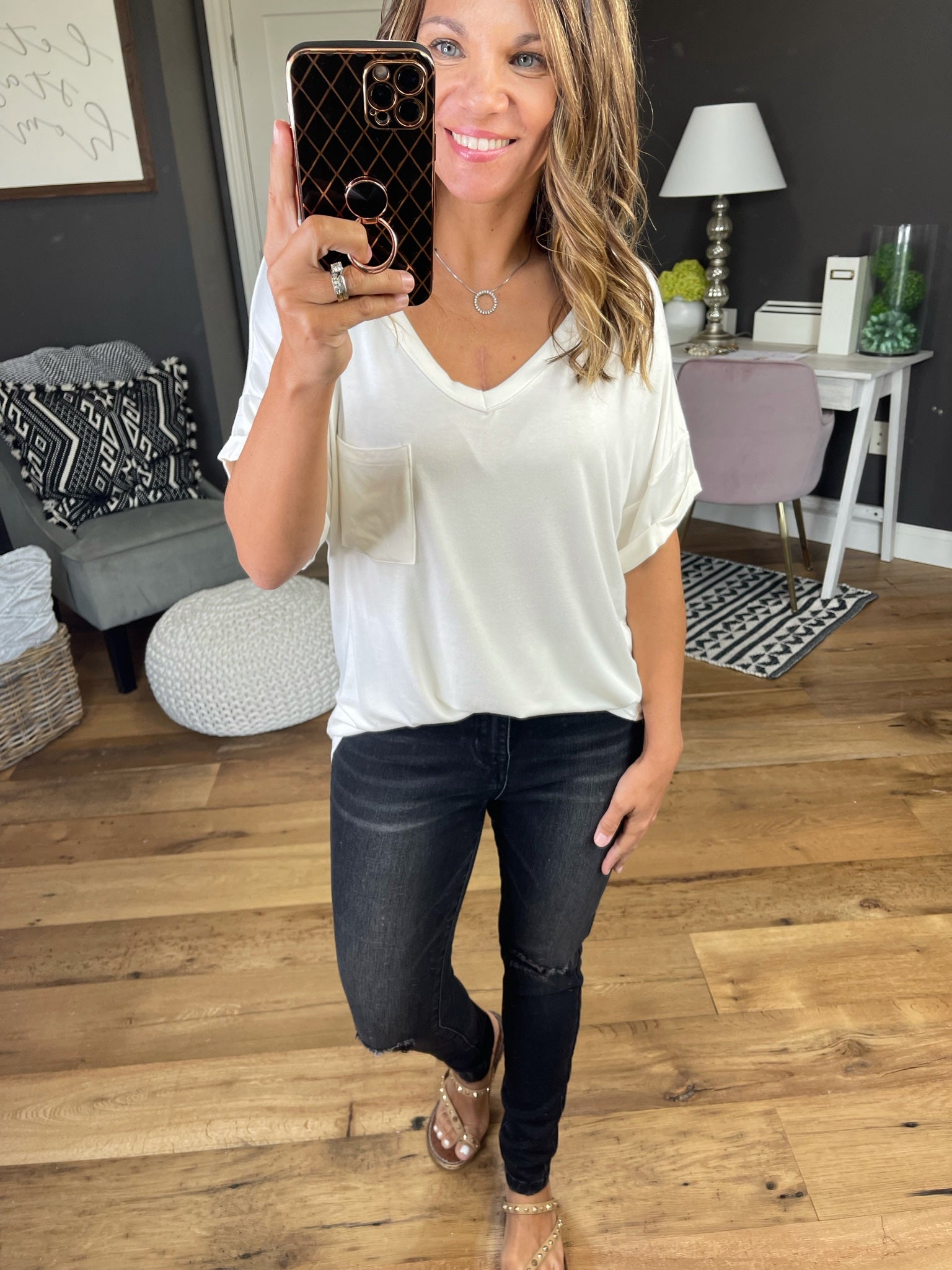 Once Upon A Time V Neck with Cuffed Sleeves- Multiple Options-Short Sleeves-cherish T22438-Anna Kaytes Boutique, Women's Fashion Boutique in Grinnell, Iowa